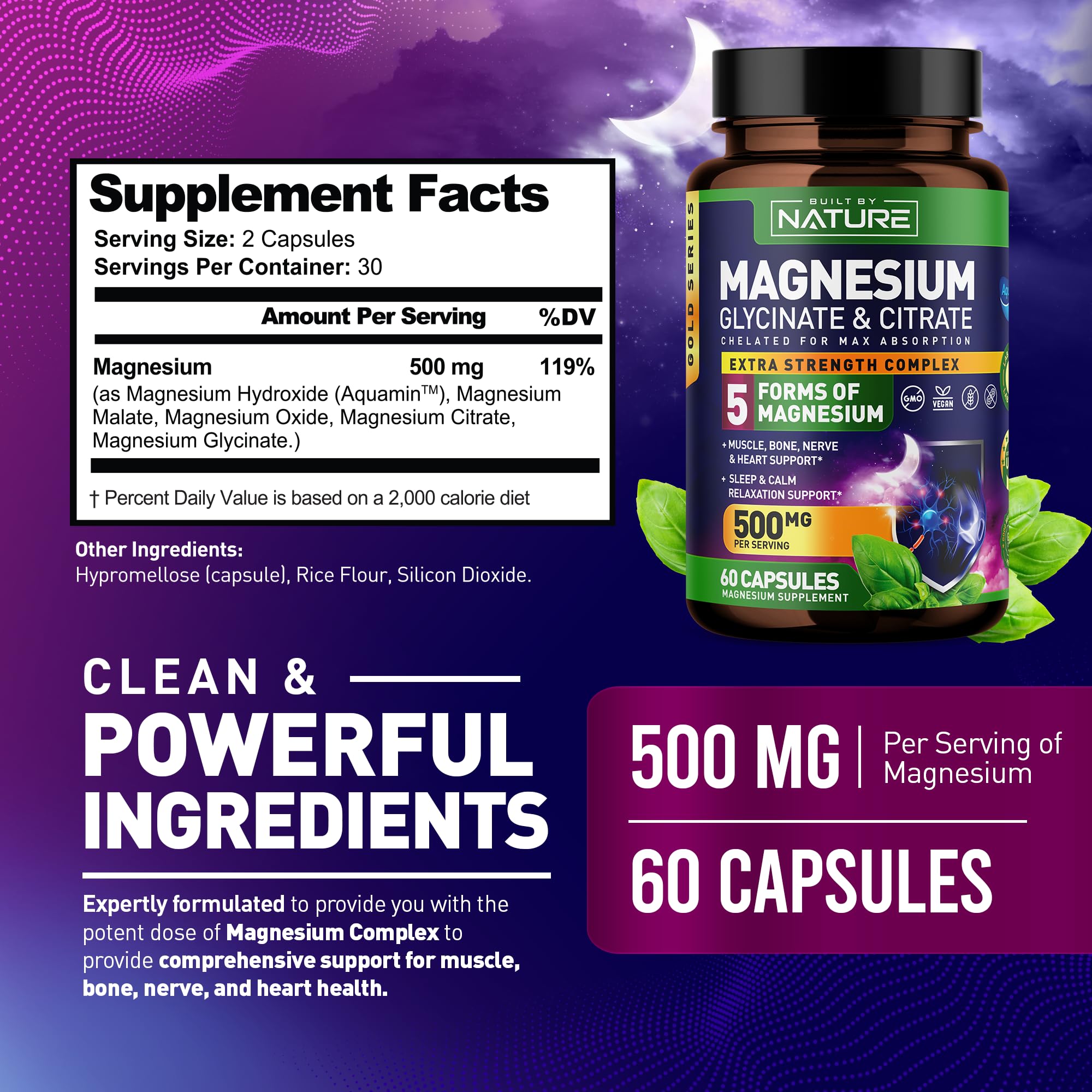 Magnesium Complex 500mg - 5 Forms of Magnesium Glycinate, Citrate, Malate, Oxide & Aquamin with 72 Trace Minerals - Chelated for Absorption - Supplement for Muscle, Nerve, Heart & Sleep