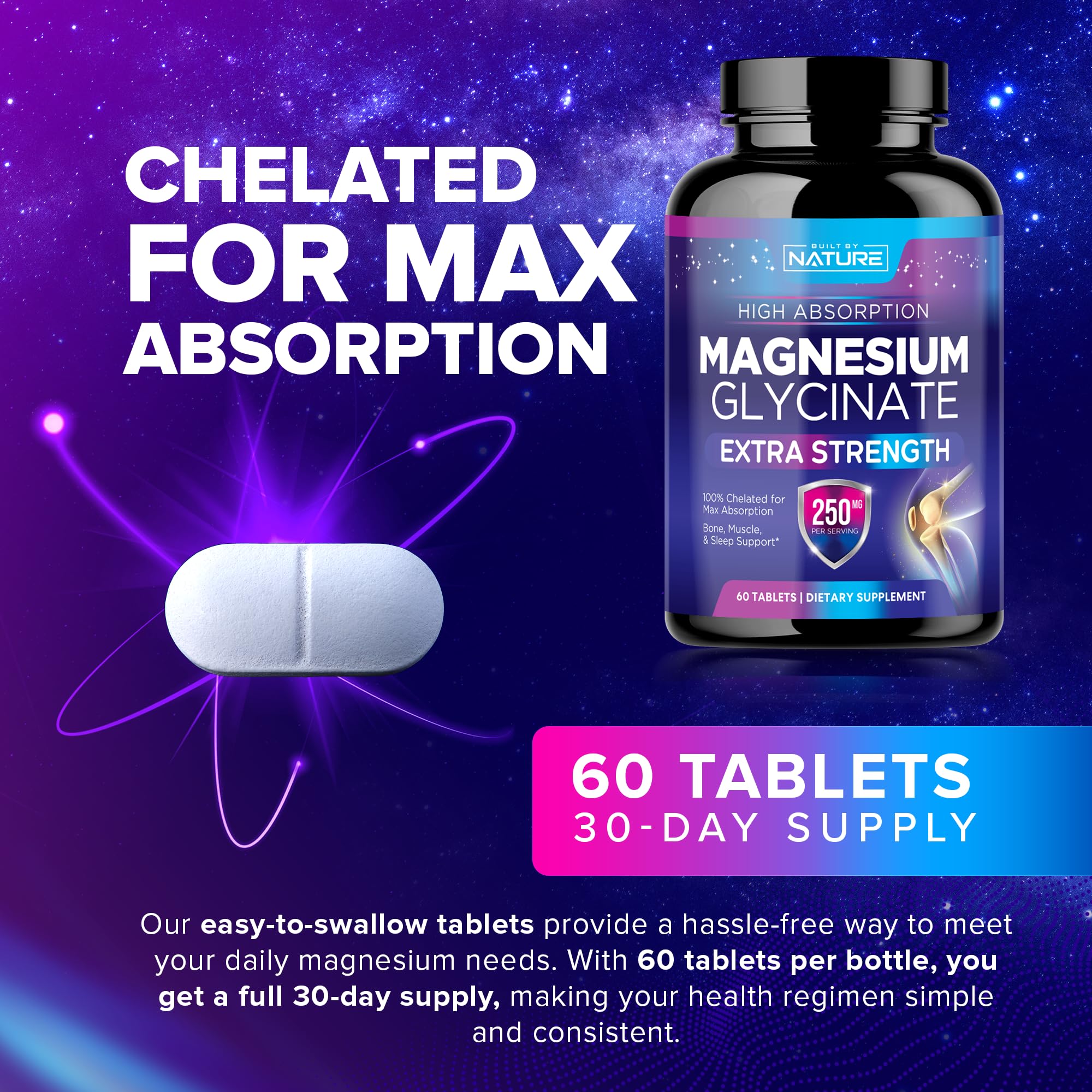 Magnesium Glycinate 250mg - High Absorption Chelated Magnesium Supplement - 100% Pure Magnesium Glycinate - Stress, Sleep, Heart, and Muscle Health Support - Non-GMO, Vegan, Gluten-Free