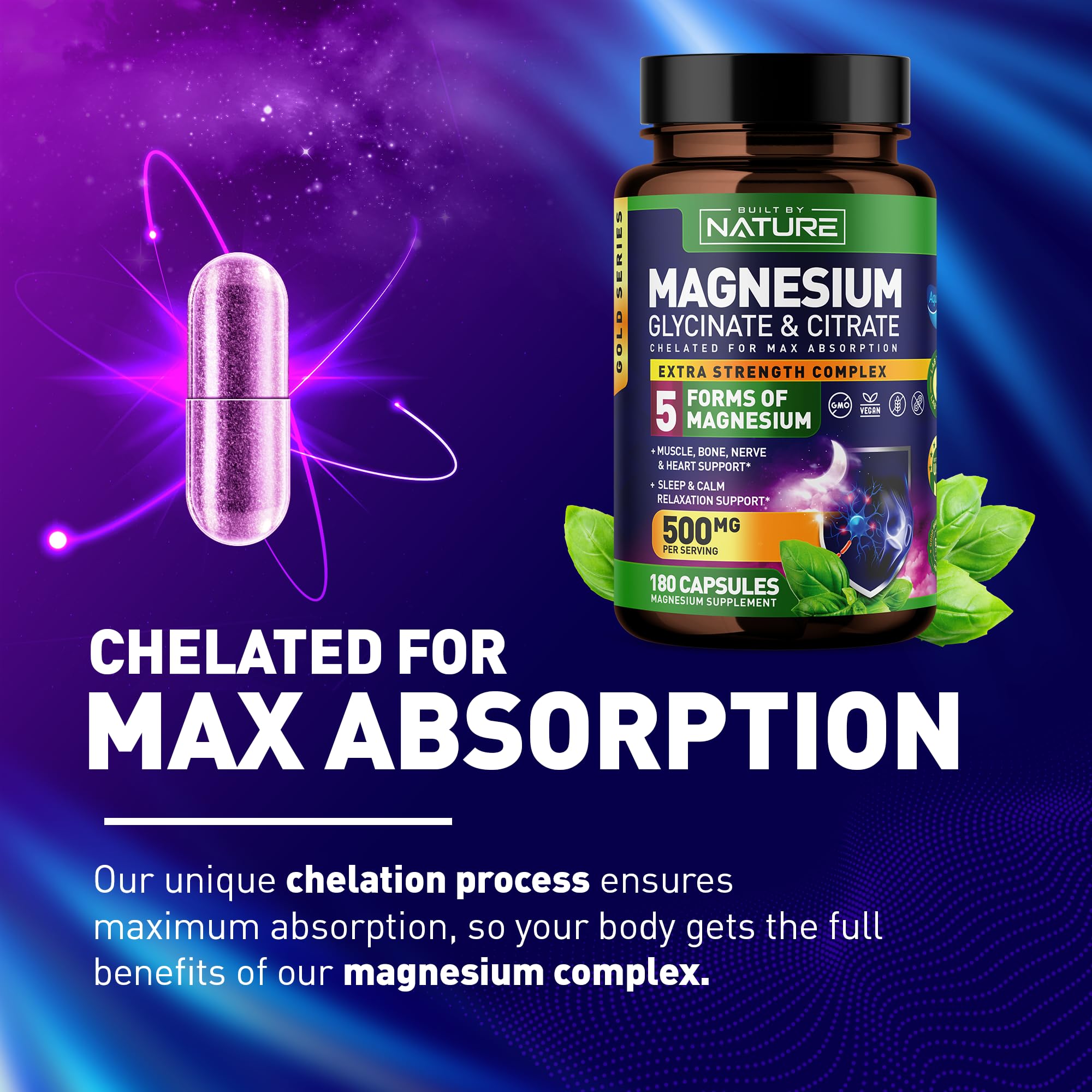 Magnesium Complex 500mg - 5 Forms of Magnesium Glycinate, Citrate, Malate, Oxide & Aquamin with 72 Trace Minerals - Chelated for Absorption - Supplement for Muscle, Nerve, Heart & Sleep