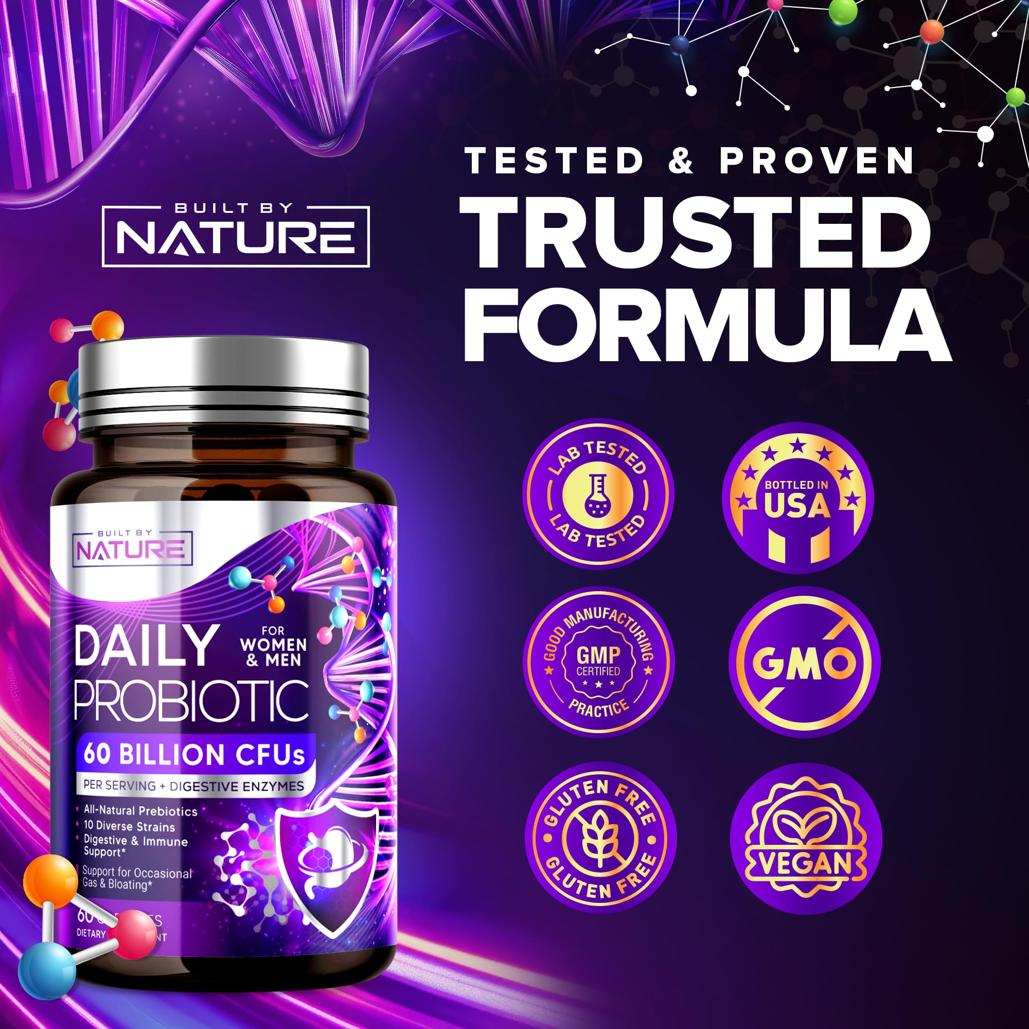 Built by Nature Probiotic for Women & Men – 60 Billion CFU, 10 Strains + Prebiotics & Digestive Enzymes – Supports Digestive, Immune, Reduce Gas & Bloating – Shelf Stable, Non-GMO