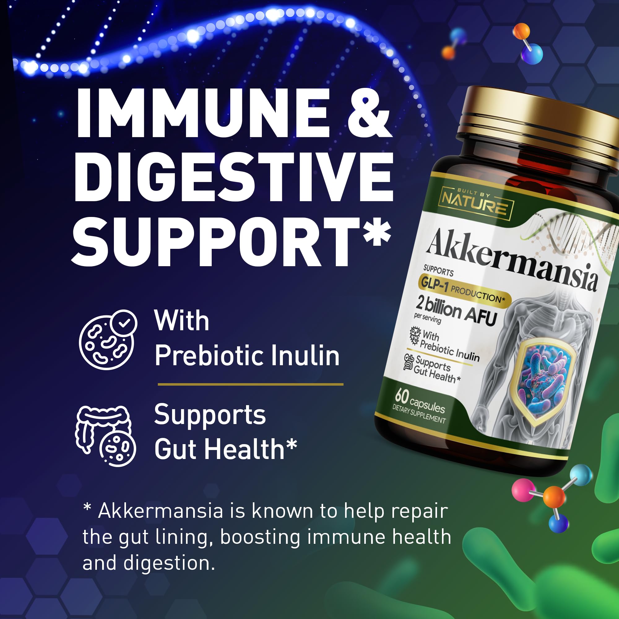 Built by Nature Akkermansia Muciniphila Probiotic Supplement – 2 Billion AFU - Supports GLP-1, Immune & Digestive Gut Health - 120 Delayed Release Capsules