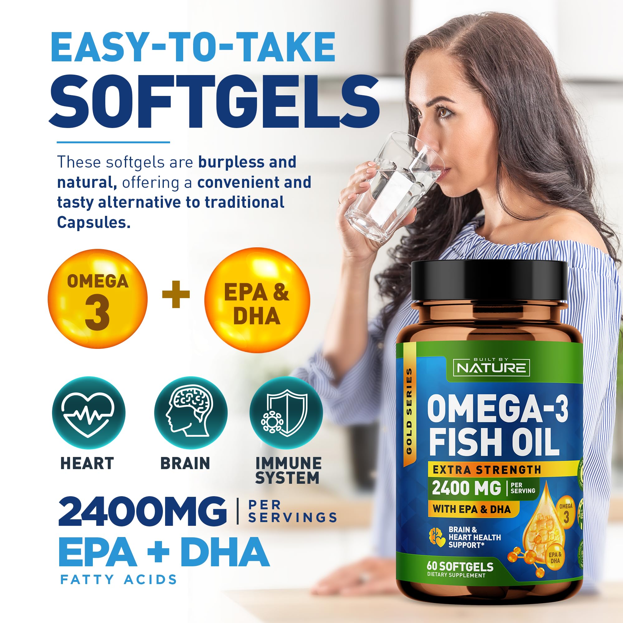 Built by Nature Omega 3 Fish Oil Soft Gels - 2400 mg Fish Oil, 1440 mg Omega 3, 863 mg EPA, 576 mg DHA - Extra Strength Brain & Heart Health Support Supplement