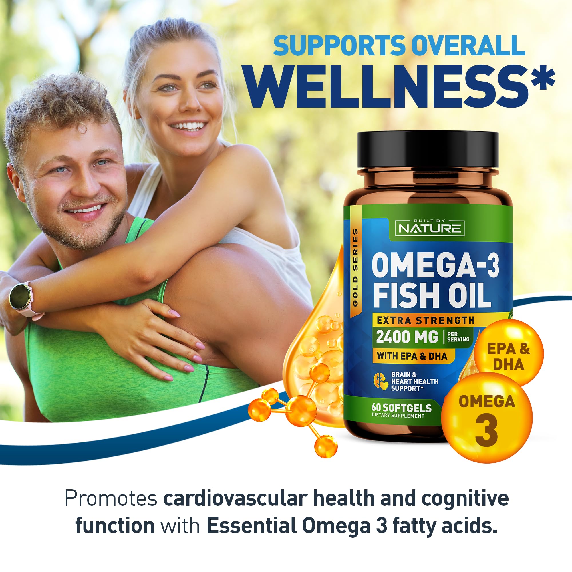 Built by Nature Omega 3 Fish Oil Soft Gels - 2400 mg Fish Oil, 1440 mg Omega 3, 863 mg EPA, 576 mg DHA - Extra Strength Brain & Heart Health Support Supplement