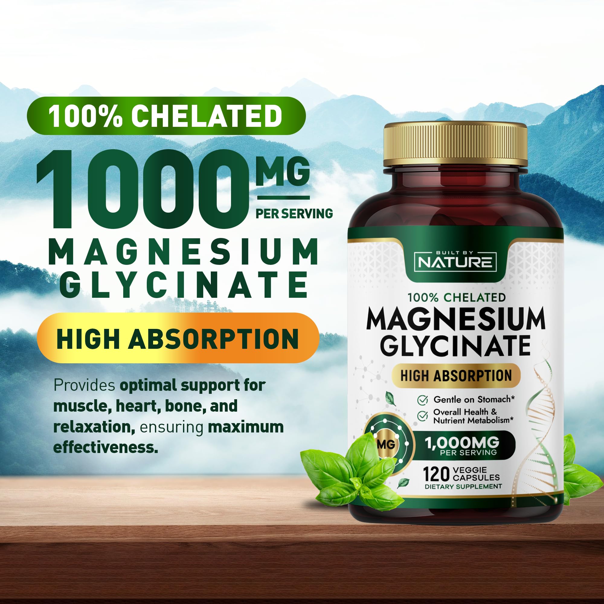 Built By Nature Magnesium Glycinate 1000mg – High Absorption Magnesium Supplement – 100% Chelated, Gentle on Stomach - Muscle, Heart, Bone & Relaxation Support - Non-GMO, Vegan