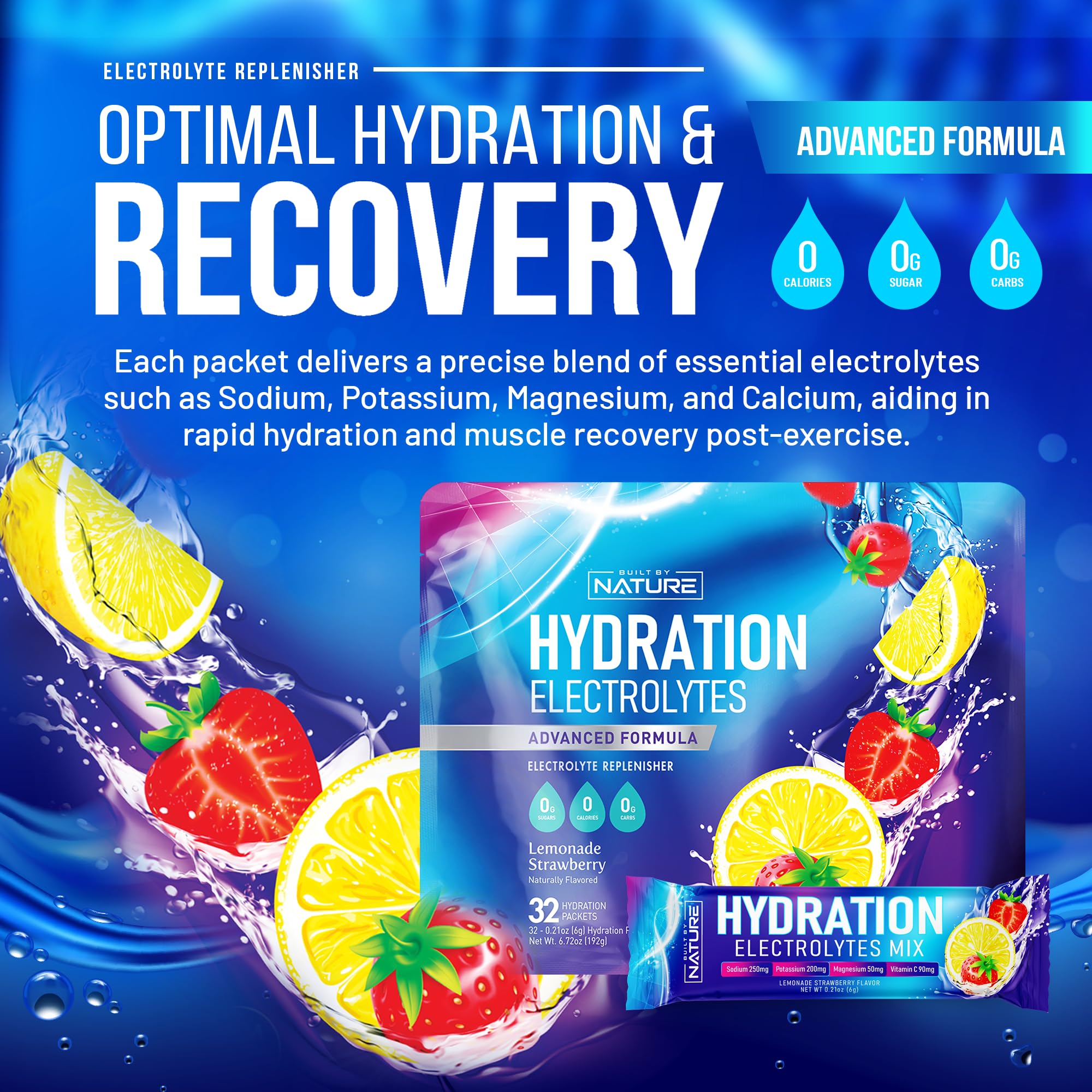 Built by Nature Electrolytes Powder Hydration Packets – Recovery Drink Mix with Sodium, Potassium, Magnesium, Calcium, Vitamin C & Zinc – Sugar Free, Keto, Non GMO & Vegan – Strawberry Lemonade