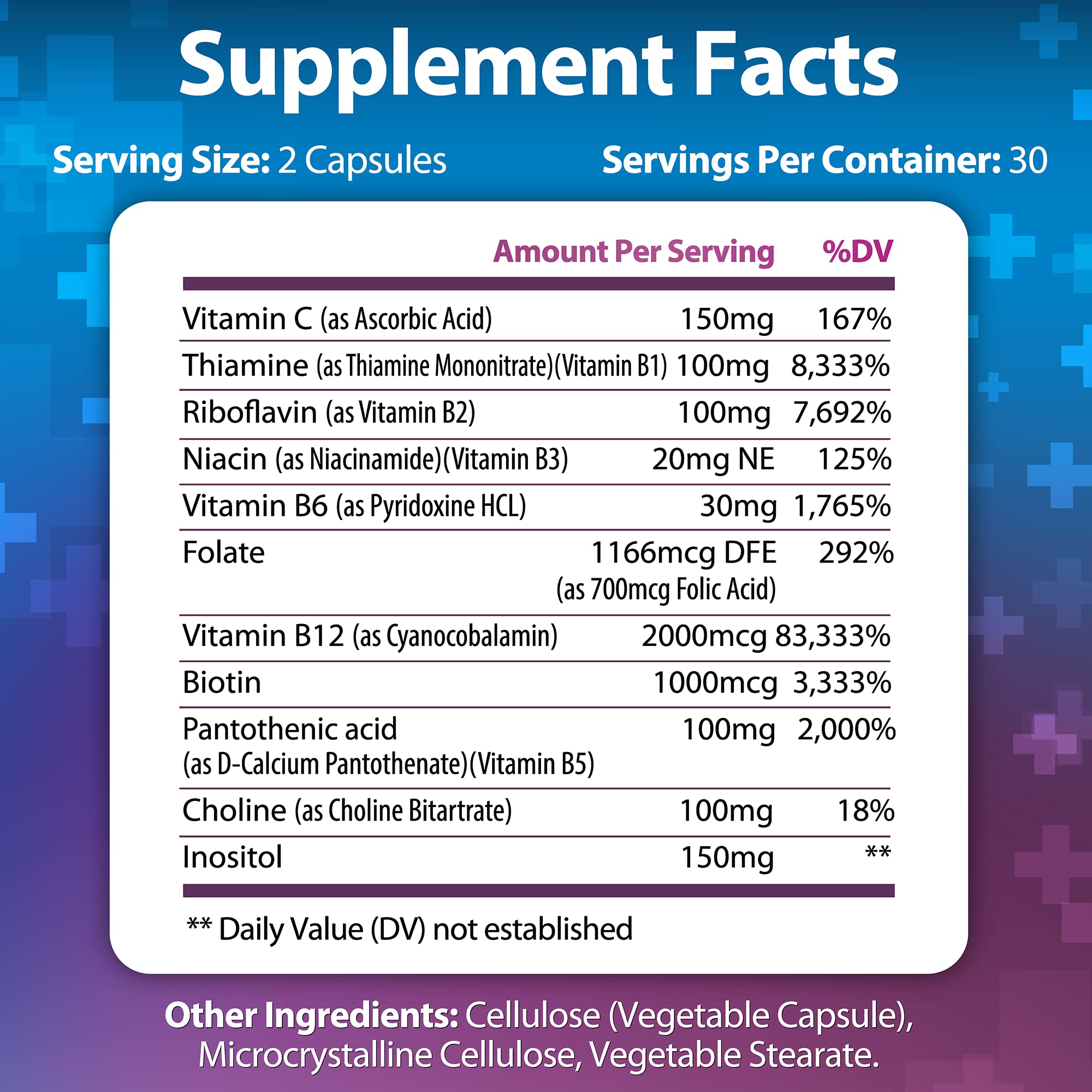 Vitamin B Complex - All B Vitamins B1, B2, B3, B5, B6, B7, B9, B12, Folic Acid, Vitamin C - Super B-100 Supplement - Immune, Energy & Metabolism Support, Vegan, Non-GMO, Gluten Free, 60 Capsules