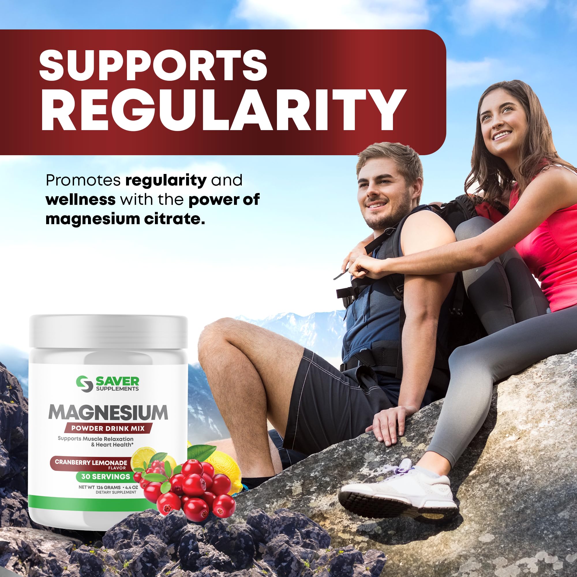 Saver Supplements Magnesium Powder - Anti-Stress Drink Mix for Calm & Regularity - Magnesium Citrate Supplement - Relaxation, Muscle & Heart Support - Cranberry Lemonade Flavor - 30 Servings