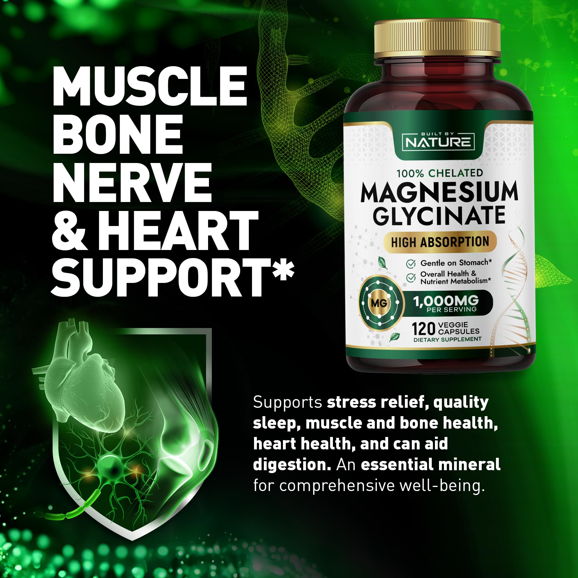 Built By Nature Magnesium Glycinate 1000mg – High Absorption Magnesium Supplement – 100% Chelated, Gentle on Stomach - Muscle, Heart, Bone & Relaxation Support - Non-GMO, Vegan