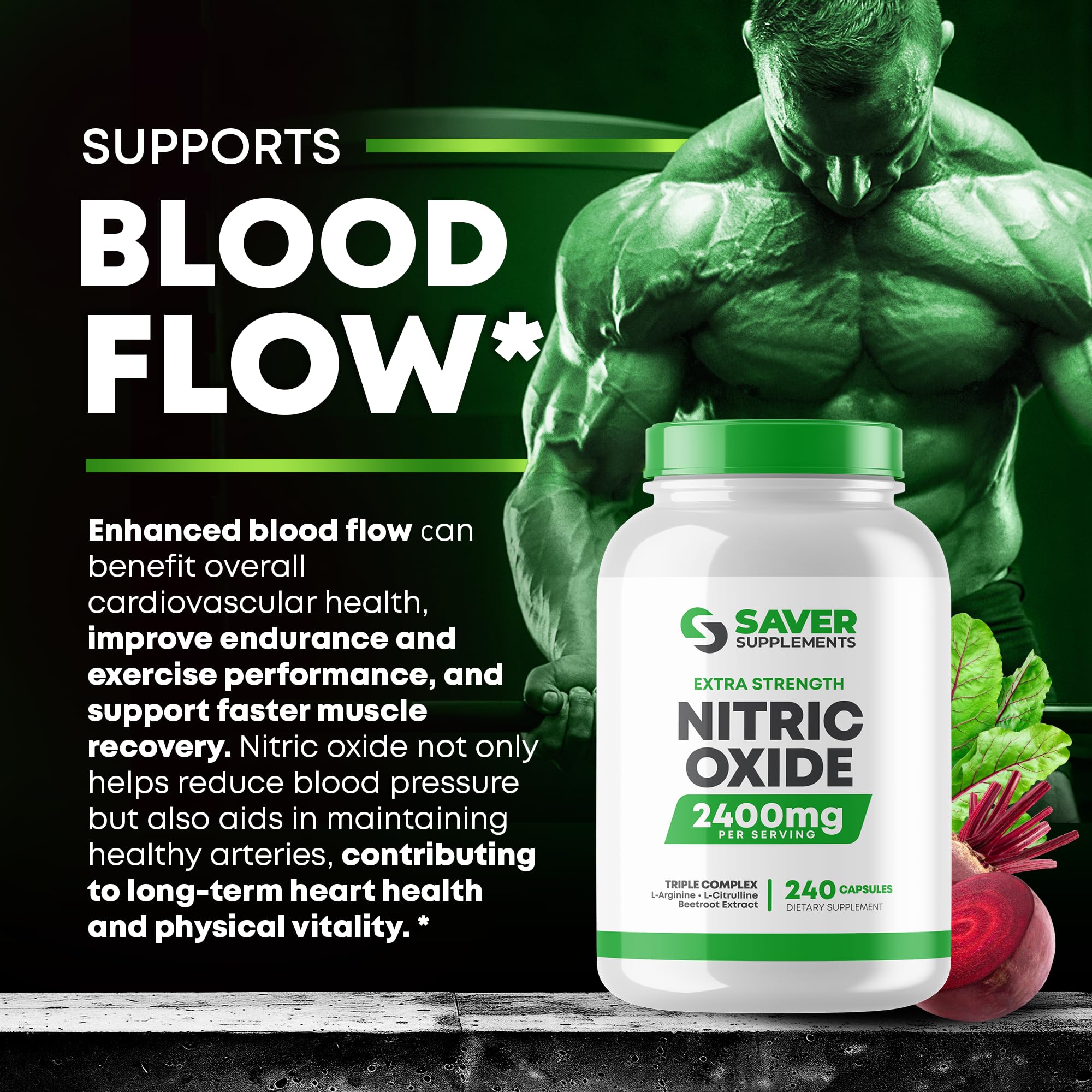 Saver Supplements Nitric Oxide Supplement 2400mg with L-Arginine, L-Citrulline and Beet Root Extract, 240 Capsules