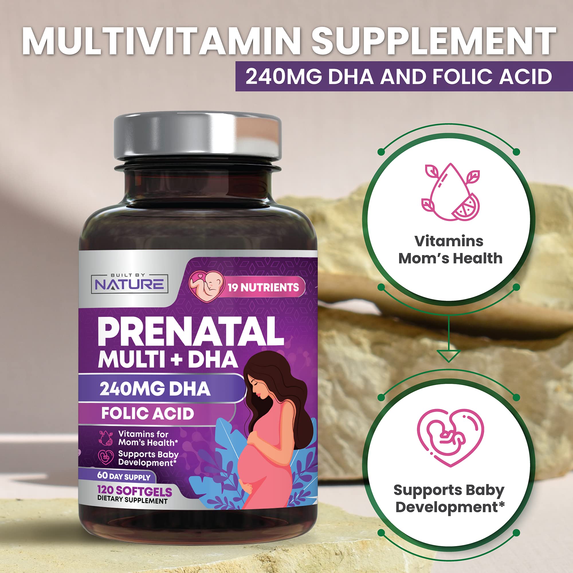 Built by Nature Prenatal Vitamins for Women - Multivitamin with DHA, Folic Acid, Vitamin C, B12, Iron & Omega-3 - Before, During & Post Pregnancy Supplement for Healthy Growth & Brain Development