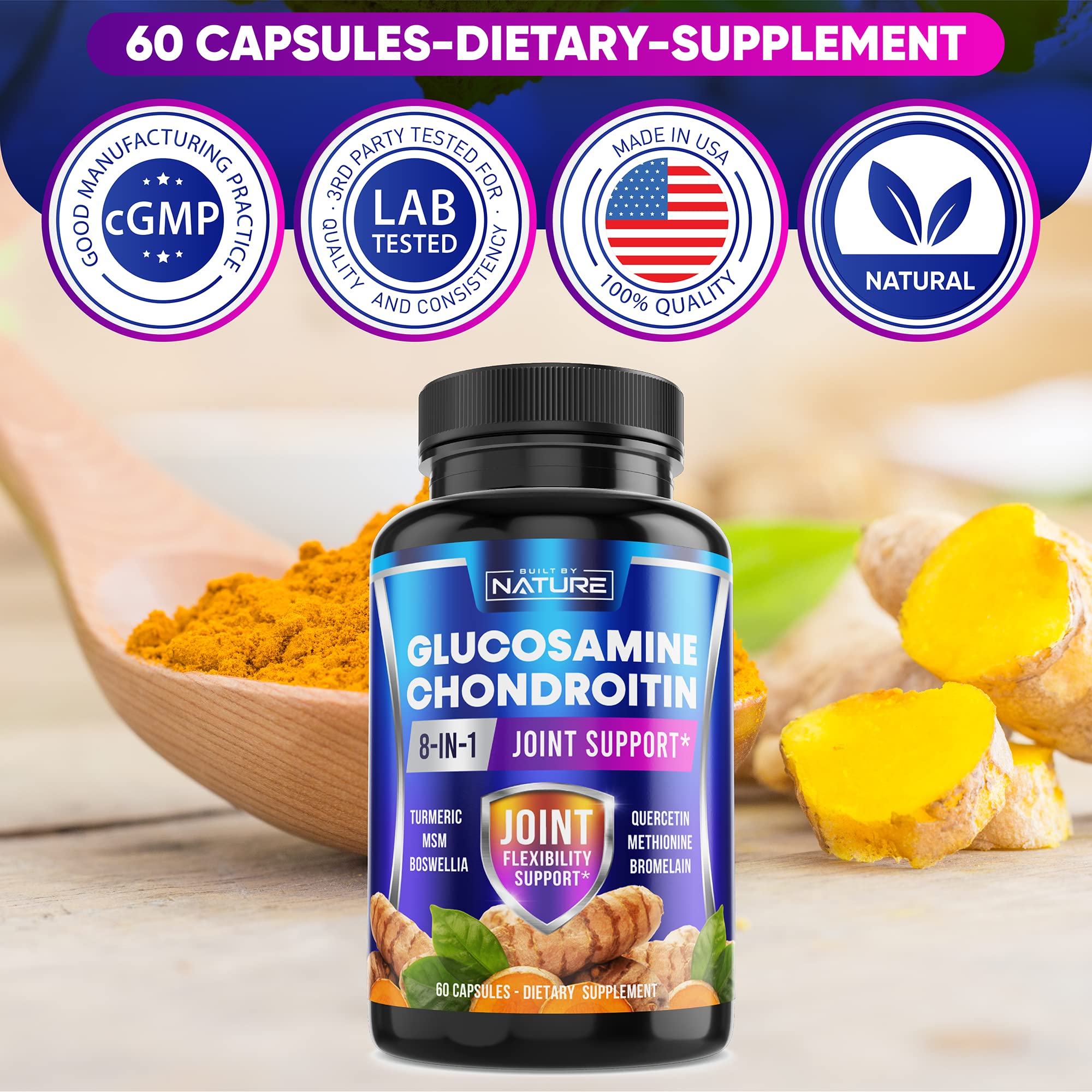 Glucosamine Chondroitin with MSM, Turmeric, Boswellia - Advanced Joint Support, High Potency Antioxidant & Inflammatory Response, Comfort for Back, Knees, Hands, Non GMO, 60 Extended Delivery Capsules