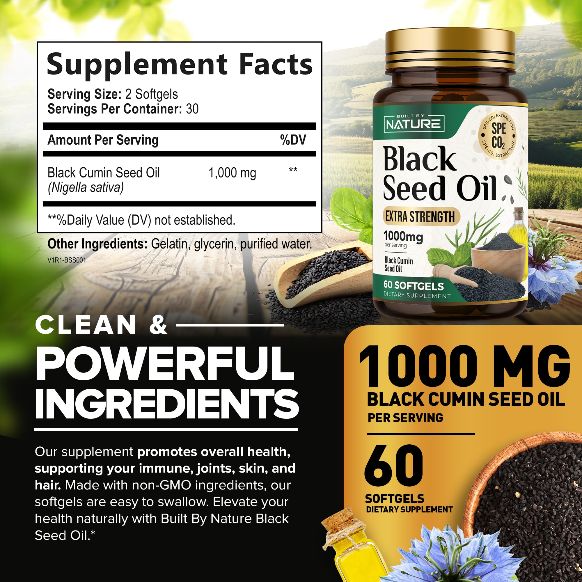 Built by Nature Black Seed Oil 1000mg - 100% Pure CO2 Extracted Nigella Sativa - High Thymoquinone, Omega 3 6 9, Antioxidant - Immune, Joints, Skin & Hair Health Support- Non-GMO – 60 Softgels