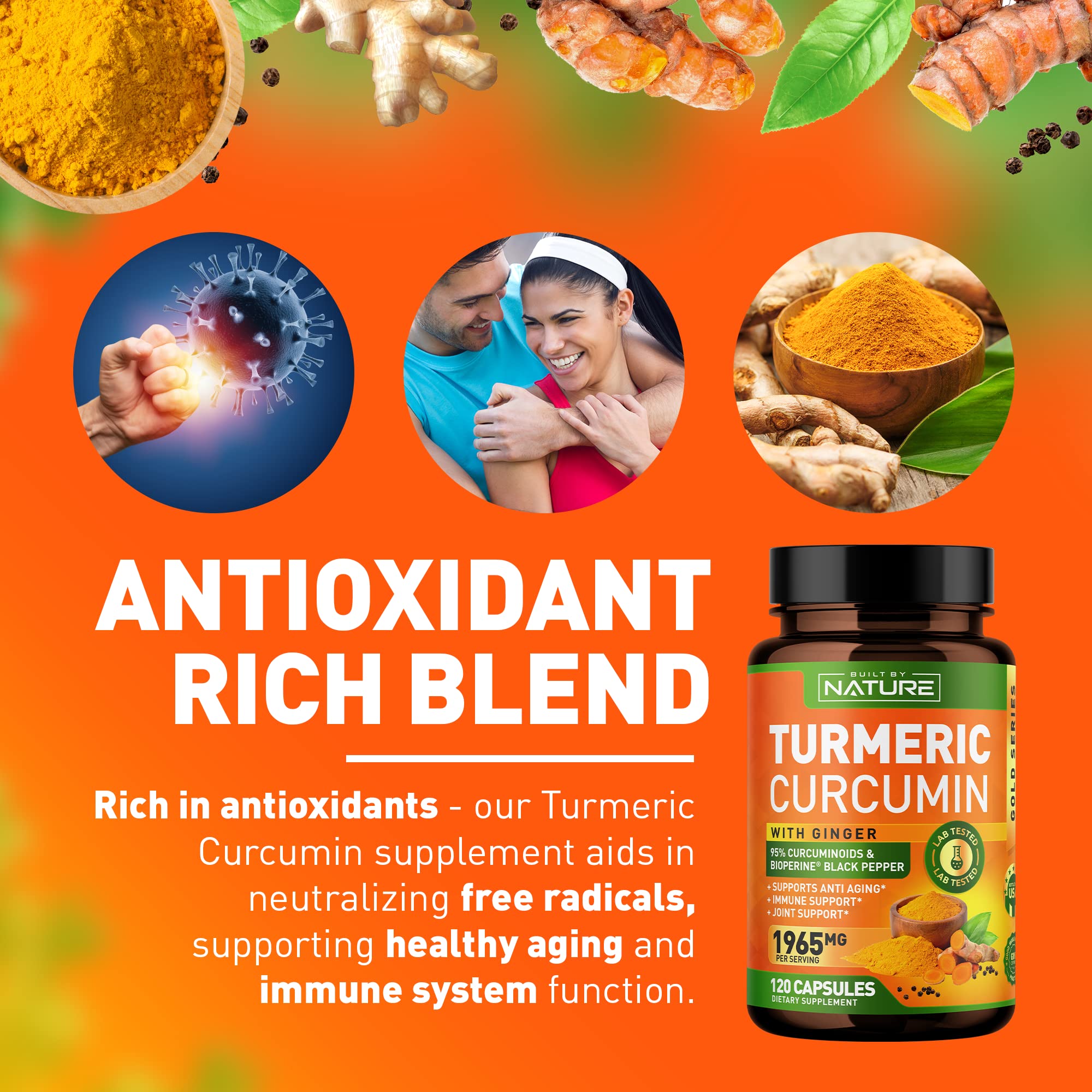 Turmeric Curcumin 1965mg with Ginger & BioPerine Black Pepper Extract - High Absorption 95% Curcuminoids for Joint & Antioxidant Support - Non-GMO, Gluten-Free, Vegan - 120 Herbal Supplement Capsules