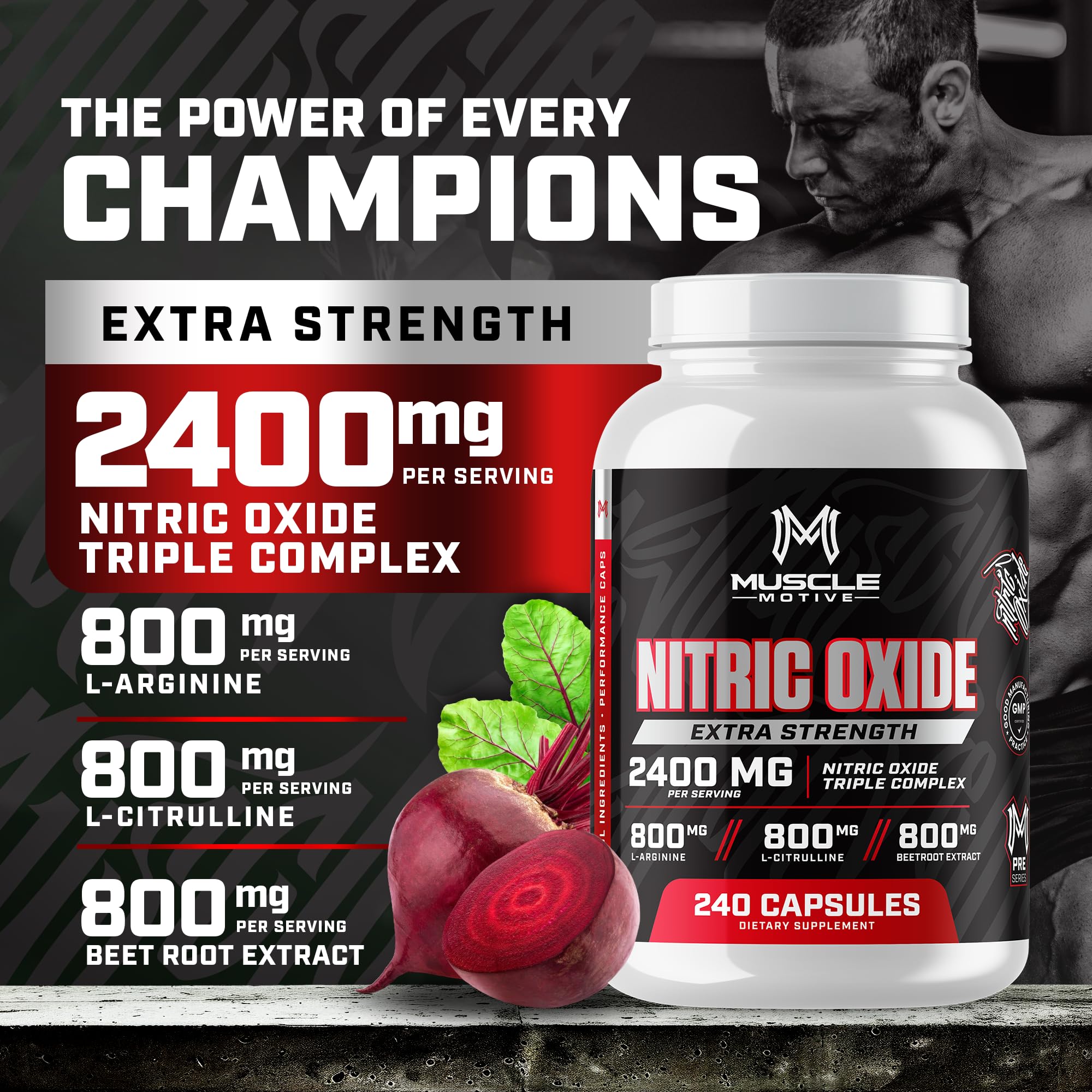 Muscle Motive Nitric Oxide Supplement 2400mg with L-Arginine, L-Citrulline and Beet Root Extract, 240 Capsules