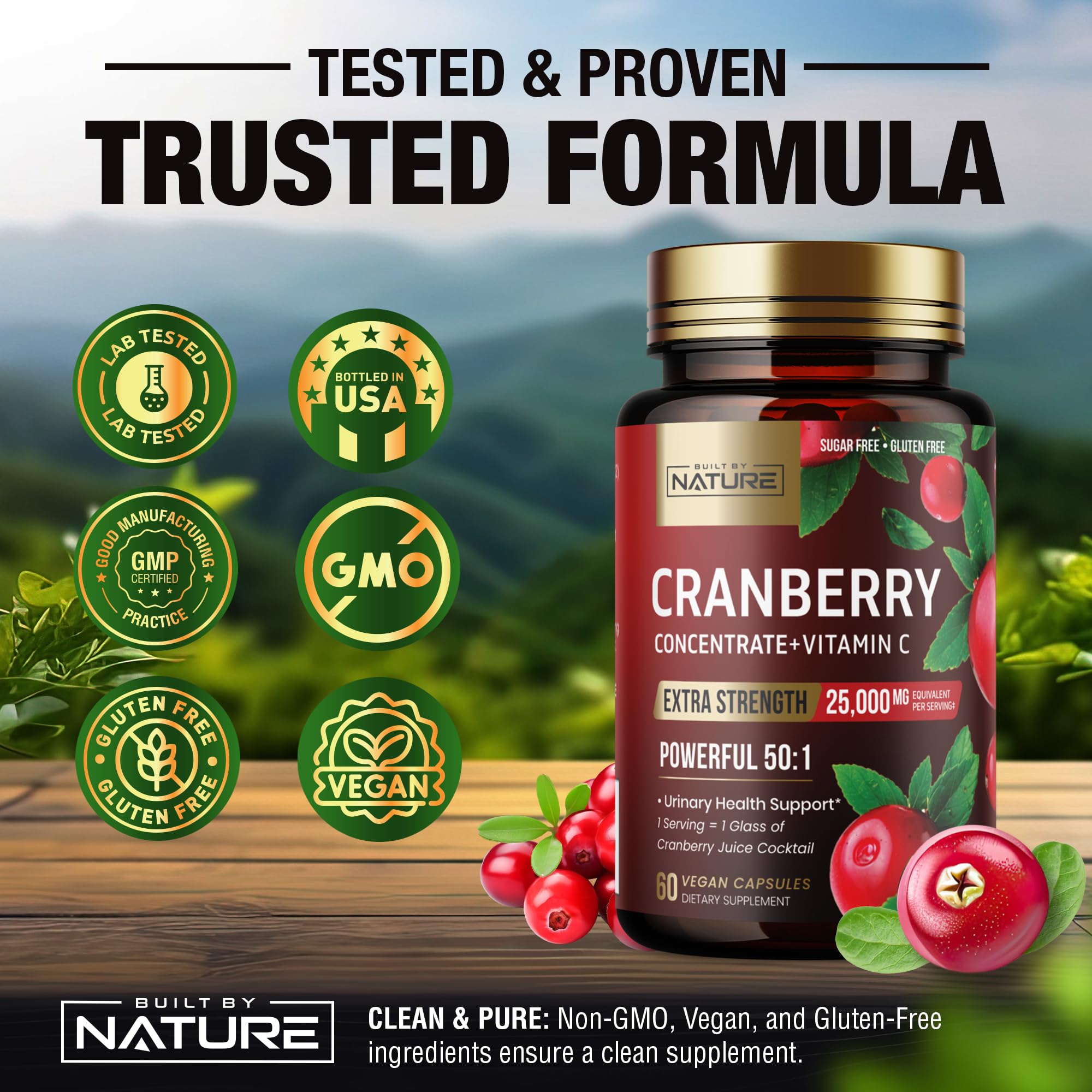 Built by Nature Cranberry Pills 25,000mg - Extra Strength 50:1 Concentrate Extract with Vitamin C - Urinary Tract Health Supplement for Women - Non-GMO, Sugar Free, Vegan - 60 Capsules