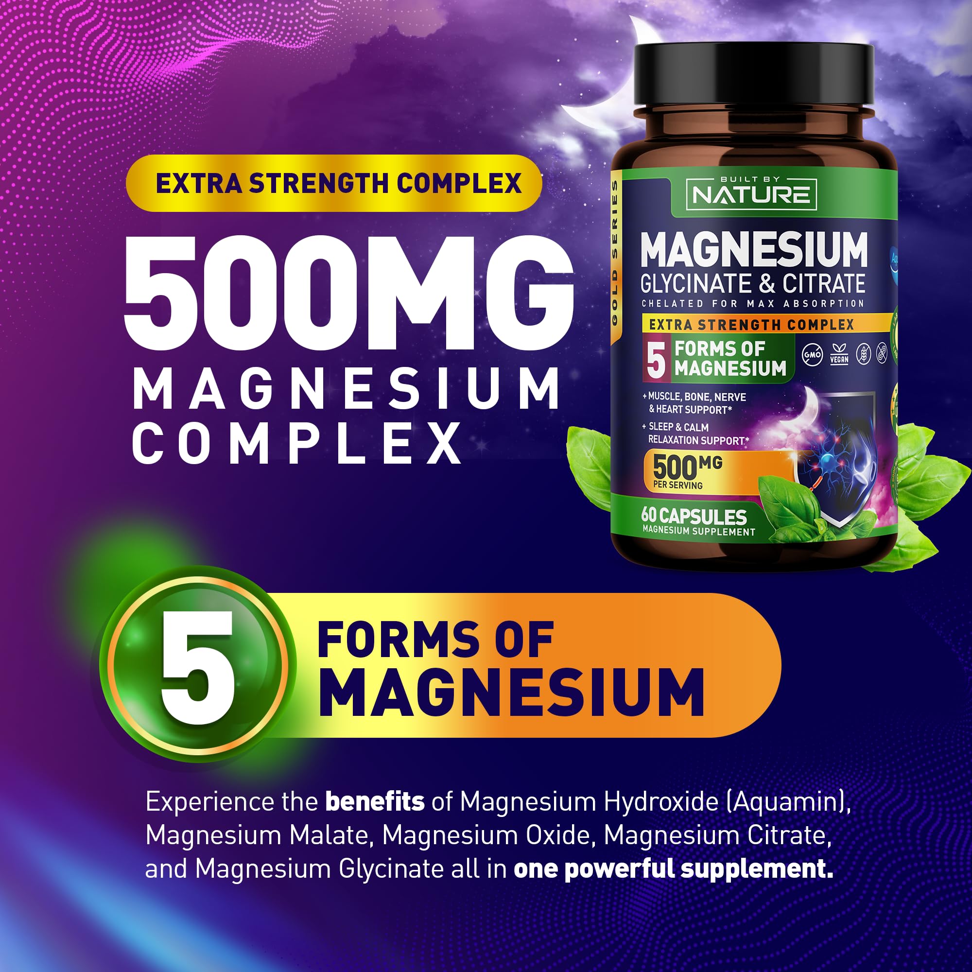 Magnesium Complex 500mg - 5 Forms of Magnesium Glycinate, Citrate, Malate, Oxide & Aquamin with 72 Trace Minerals - Chelated for Absorption - Supplement for Muscle, Nerve, Heart & Sleep