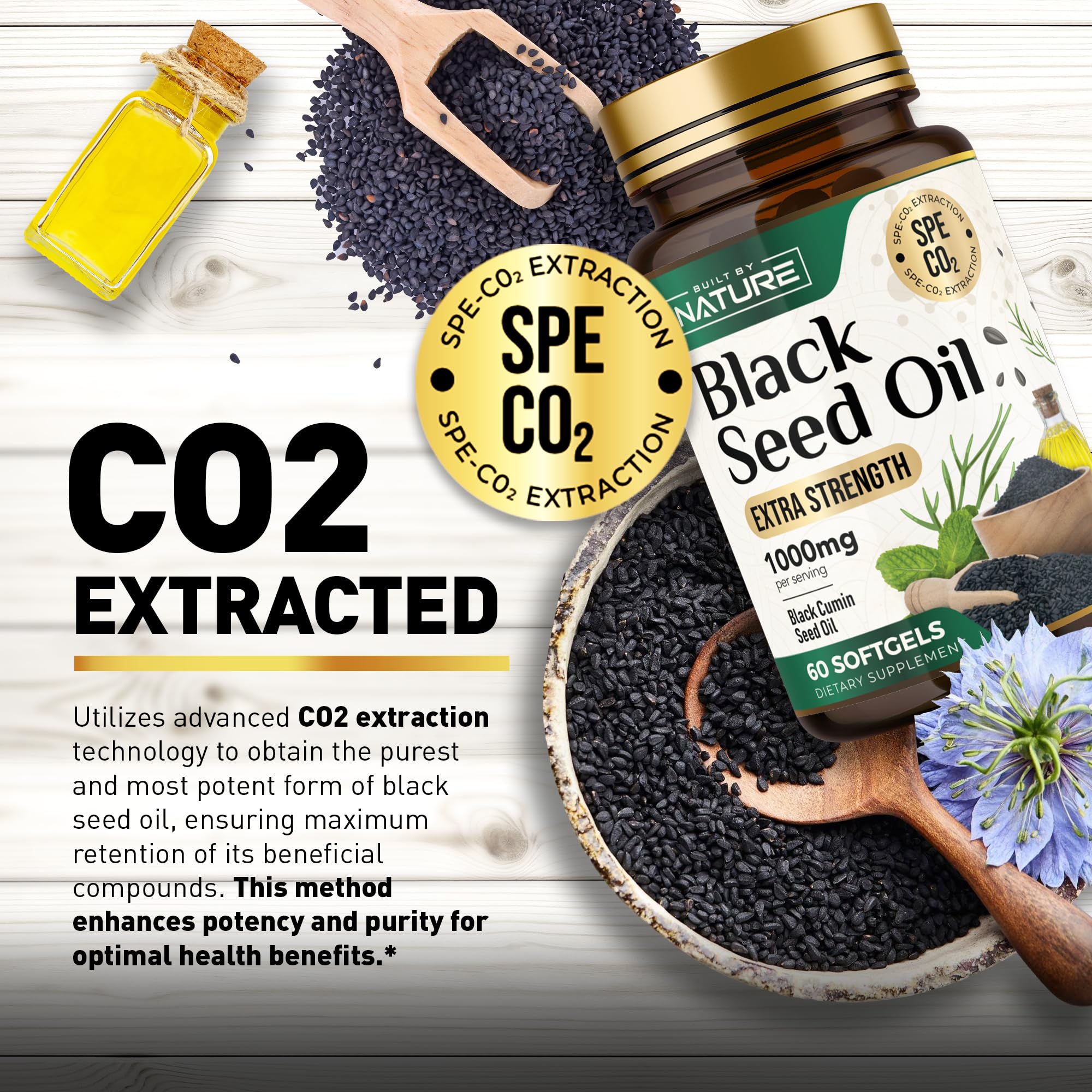 Built by Nature Black Seed Oil 1000mg - 100% Pure CO2 Extracted Nigella Sativa - High Thymoquinone, Omega 3 6 9, Antioxidant - Immune, Joints, Skin & Hair Health Support- Non-GMO – 60 Softgels