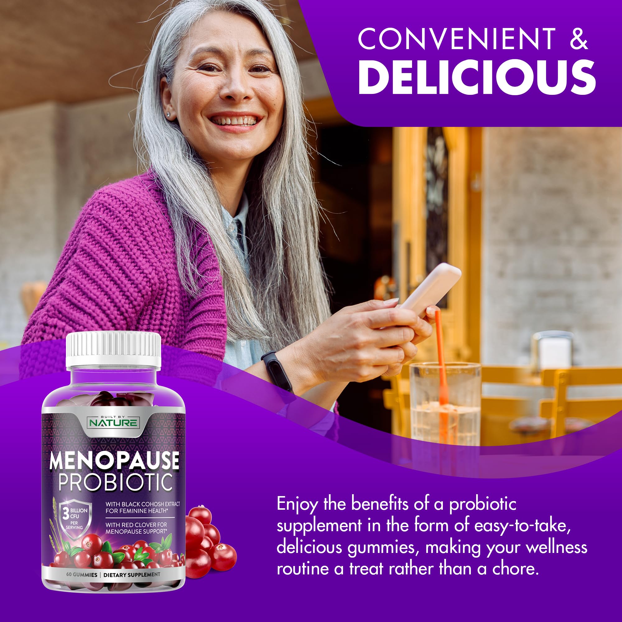 Menopause Supplements for Women - Menopause Probiotic Gummy - Women’s Menopause Relief for Hot Flashes, Night Sweats & Mood Swings with Black Cohosh & Cranberry - Non-GMO, Vegan - 60 Gummies