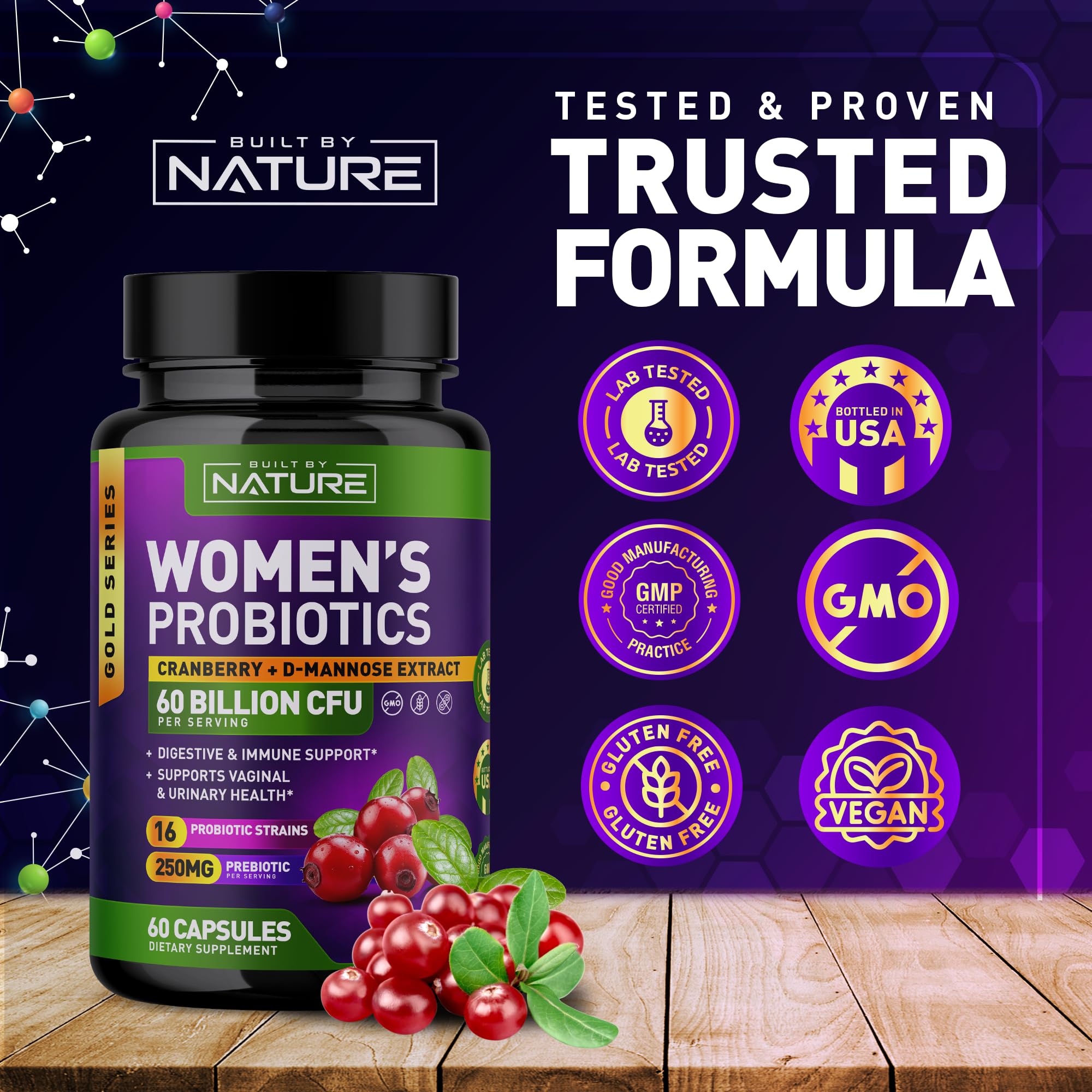 Built by Nature Probiotics for Women - 60 Billion CFUs, 16 Strains, with Cranberry, D-Mannose & Prebiotics - Supports Digestive, Immune, & Vaginal Health - Non-GMO, Dairy & Gluten-Free