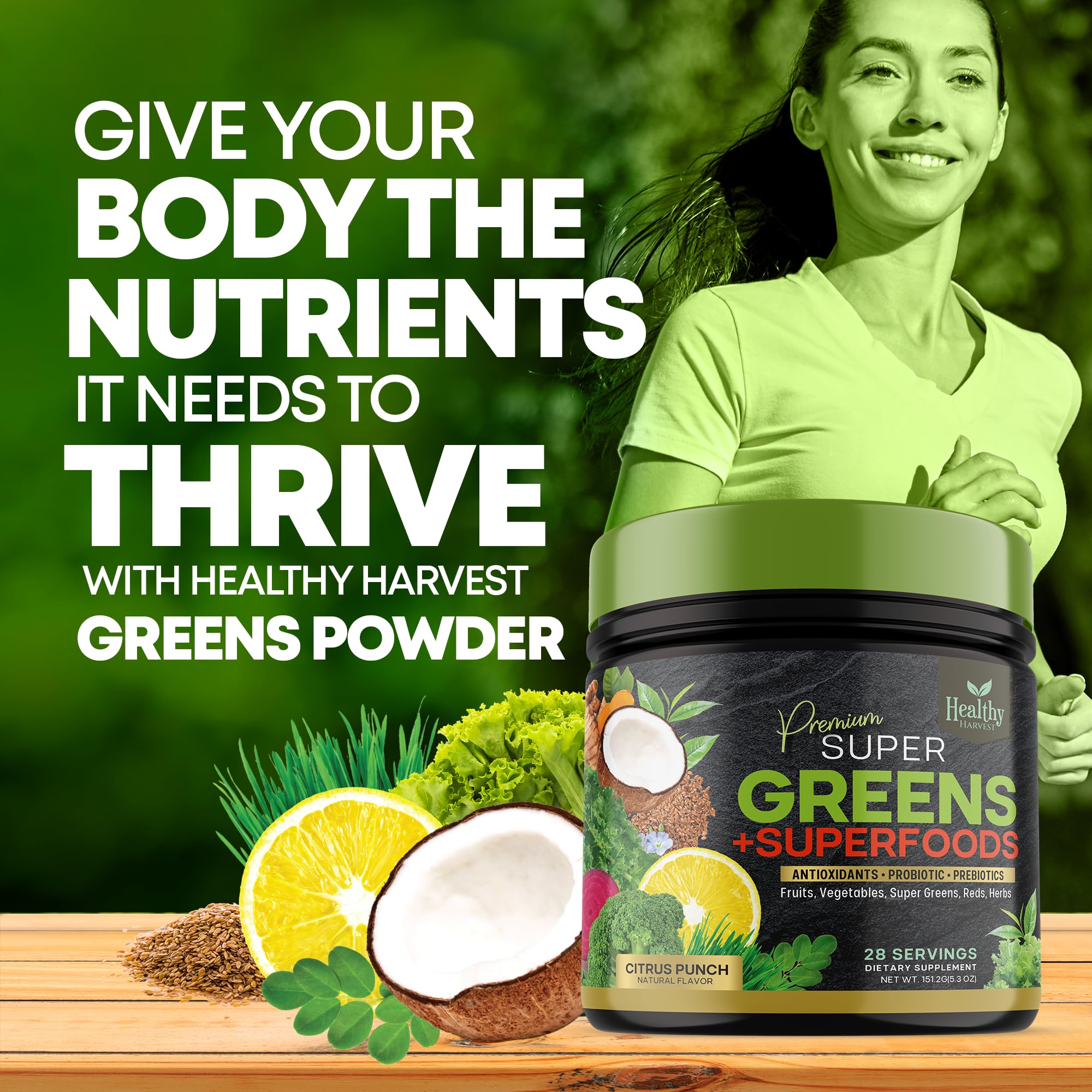 Greens Powder Superfood Supplement - Super Green Reds Smoothie Mix Blend with Spirulina, Wheat Grass, Chlorella, Beets, Probiotics, Natural Antioxidants - Vegan, Non-GMO - 28 Servings