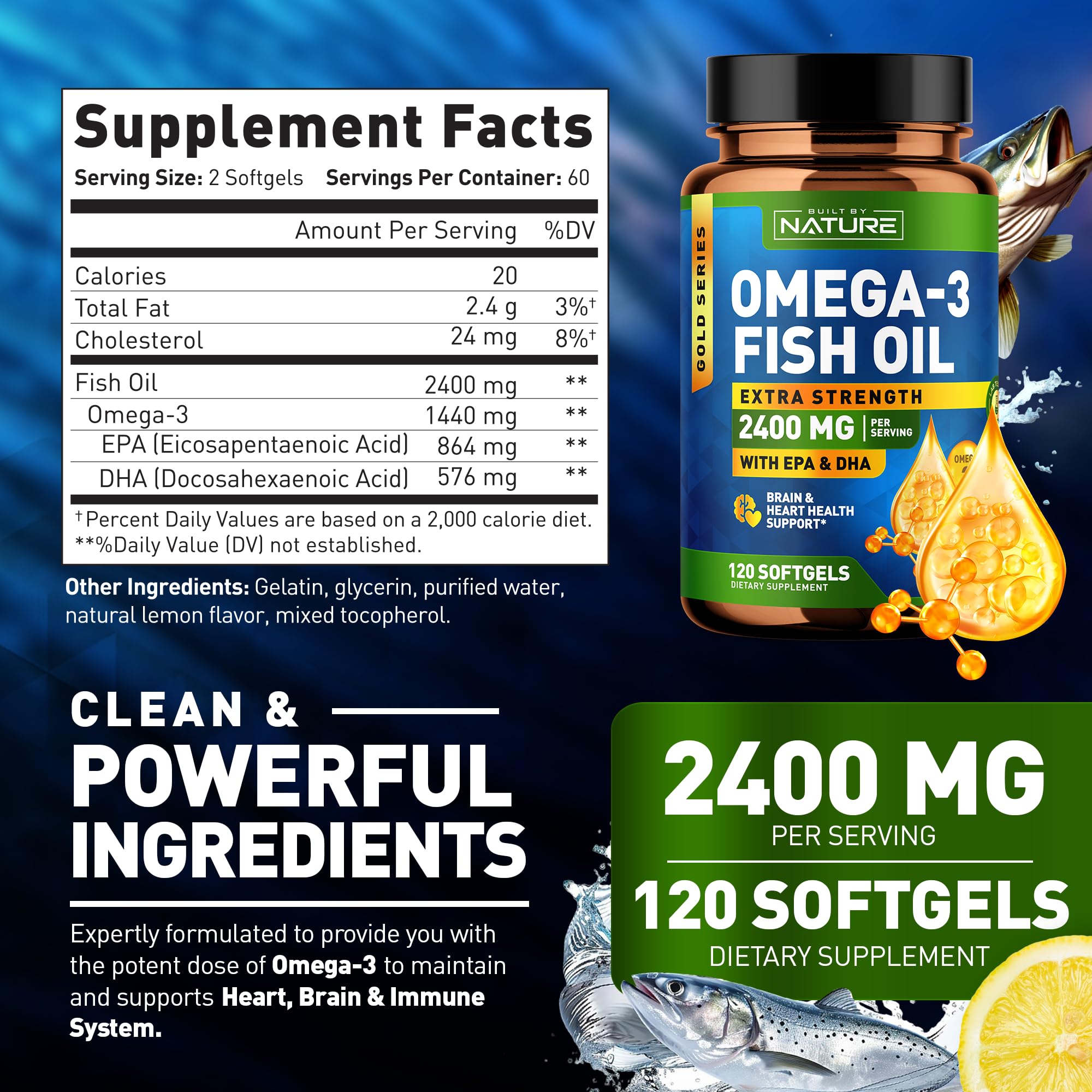 Built by Nature Omega 3 Fish Oil Soft Gels - 2400 mg Fish Oil, 1440 mg Omega 3, 863 mg EPA, 576 mg DHA - Extra Strength Brain & Heart Health Support Supplement