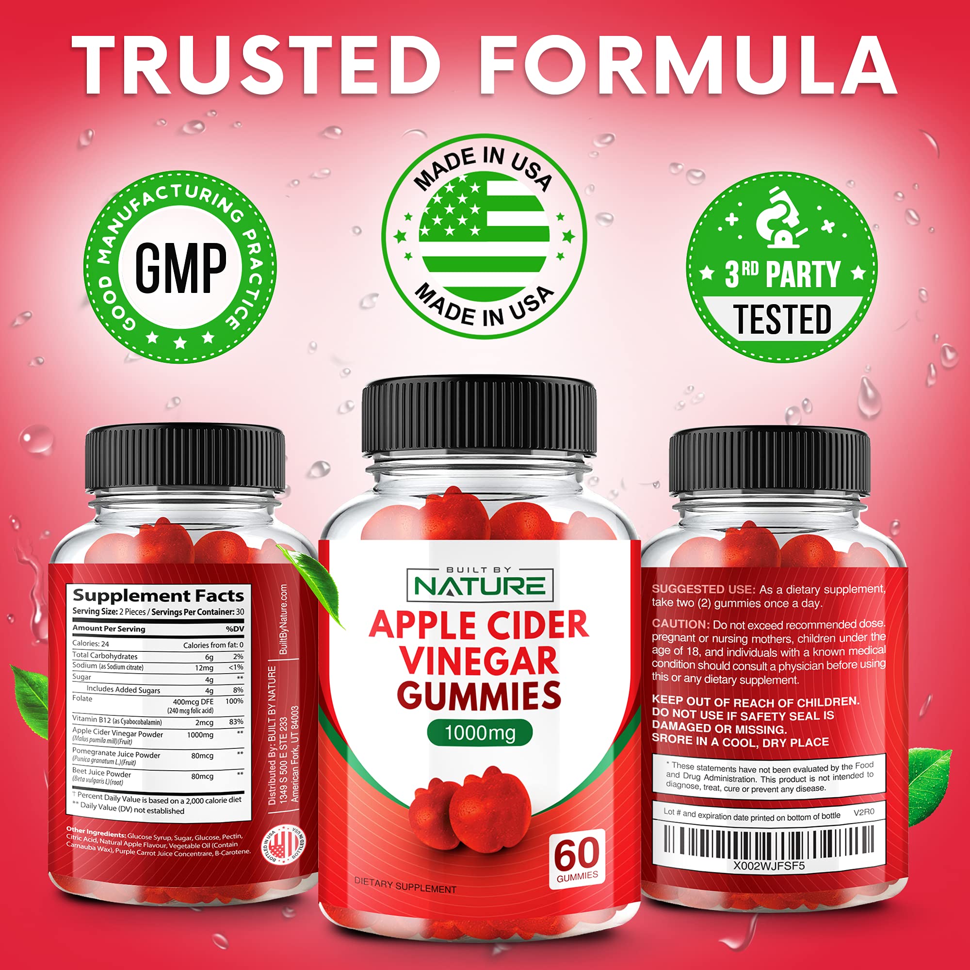 Apple Cider Vinegar Gummies 1000mg - Vitamin B12, Beetroot, Pomegranate, Natural Digestion, Detox, Weight Management & Immune Health - Raw ACV with The Mother, Vegan, Non-GMO, Gluten-Free, 60 Gummies