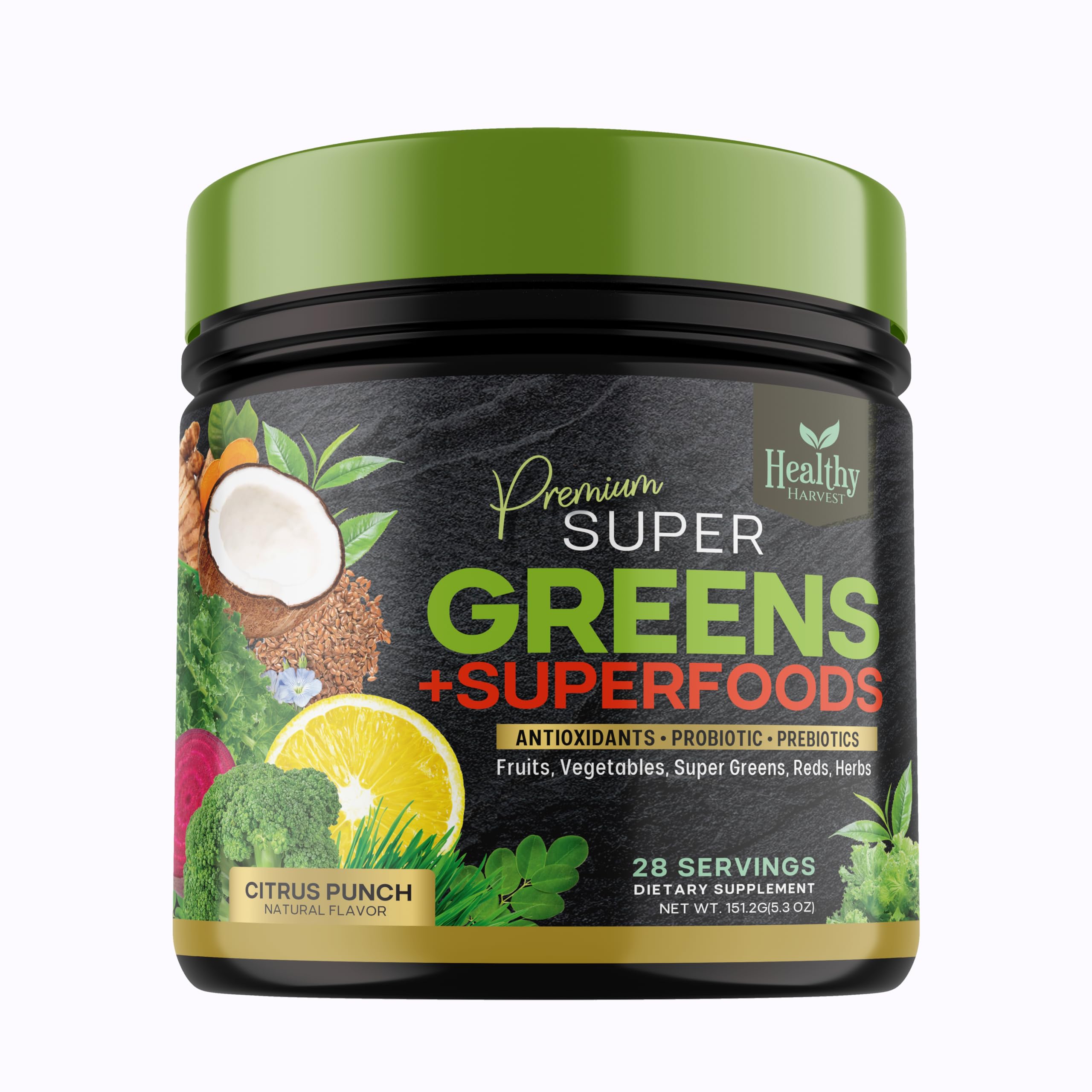 Greens Powder Superfood Supplement - Super Green Reds Smoothie Mix Blend with Spirulina, Wheat Grass, Chlorella, Beets, Probiotics, Natural Antioxidants - Vegan, Non-GMO - 28 Servings