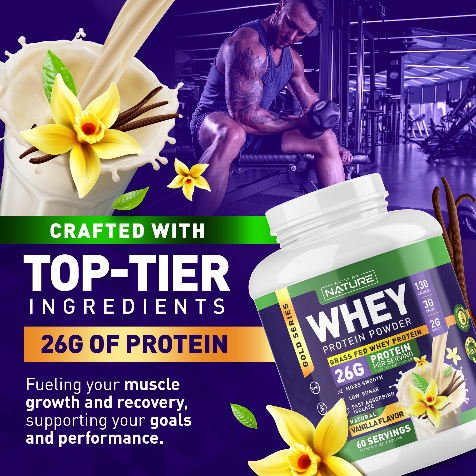 Built by Nature Whey Protein Powder - 100% Pure Whey Shake with Whey Isolate, Protein, No Bloating, Mixes Smooth, No Clumps or Chunks - High Protein, Low Sugar Drink