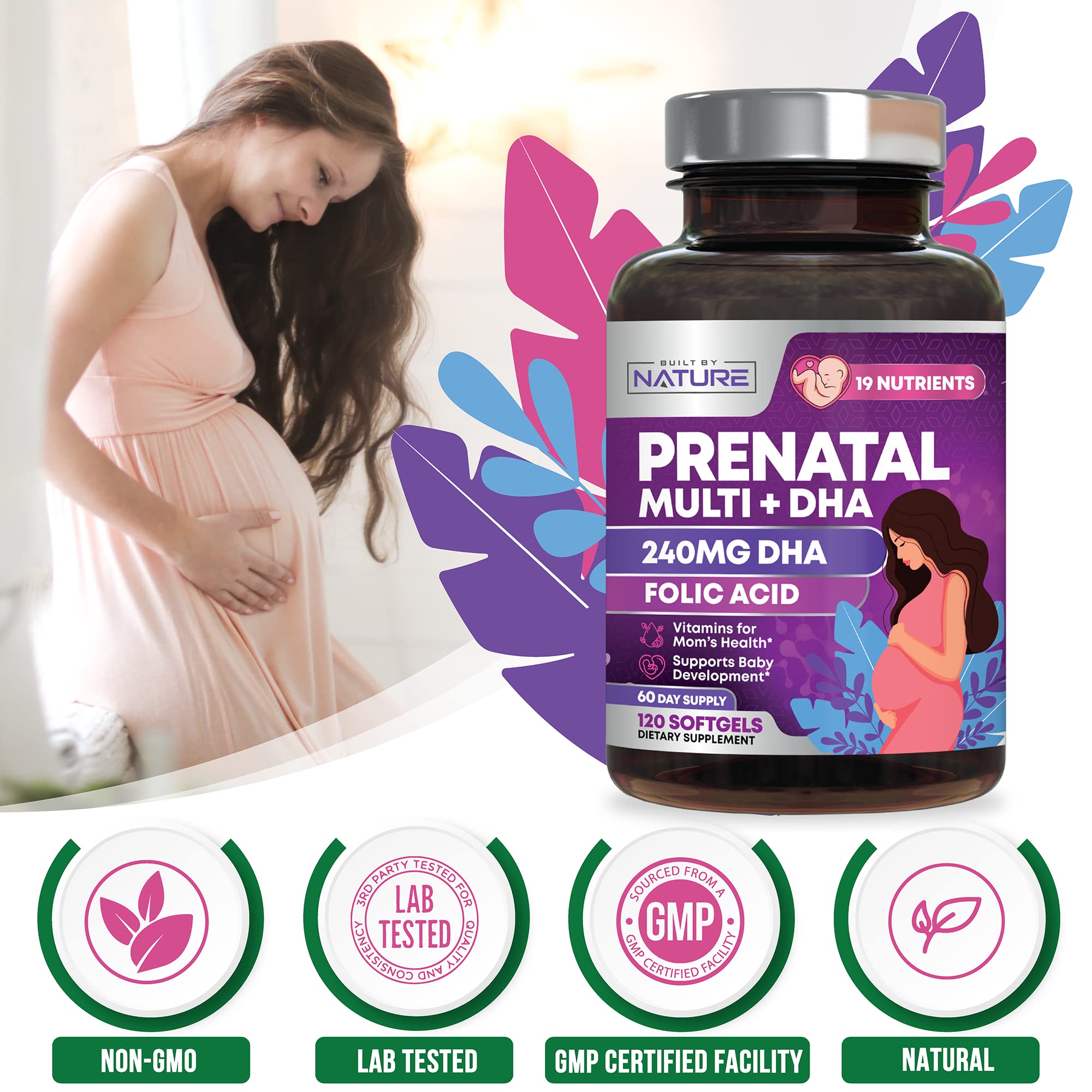 Built by Nature Prenatal Vitamins for Women - Multivitamin with DHA, Folic Acid, Vitamin C, B12, Iron & Omega-3 - Before, During & Post Pregnancy Supplement for Healthy Growth & Brain Development