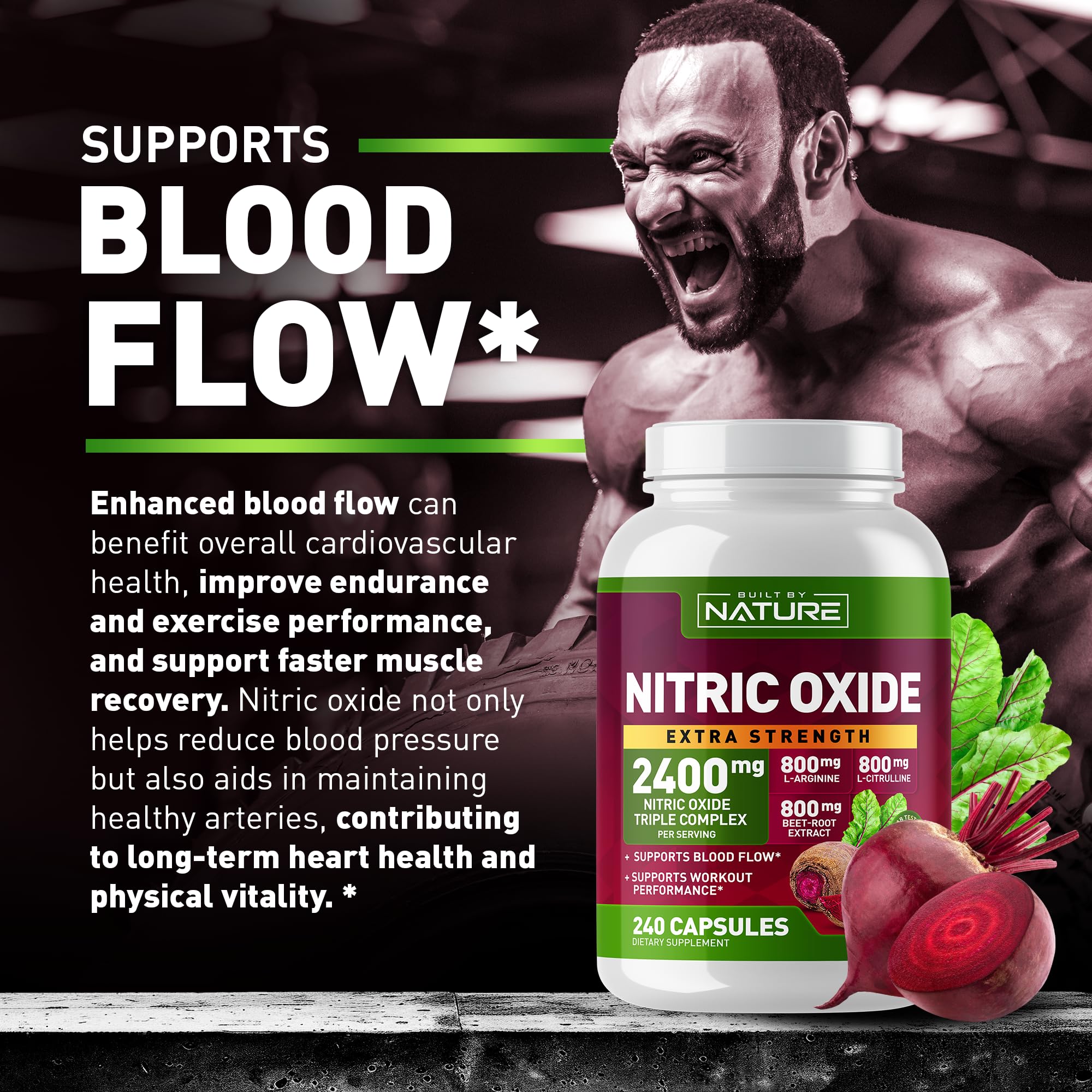 Built by Nature Nitric Oxide Supplement 2400mg with L-Arginine, L-Citrulline and Beet Root Extract, 240 Capsules