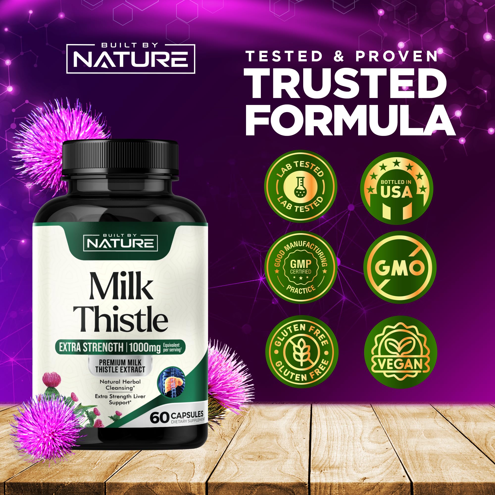 Built by Nature Milk Thistle 1000mg - Liver Detox Supplement with Silymarin Extract & Dandelion Root – Gentle Herbal Liver Cleanse for Men & Women - Liver Health Support - Non-GMO