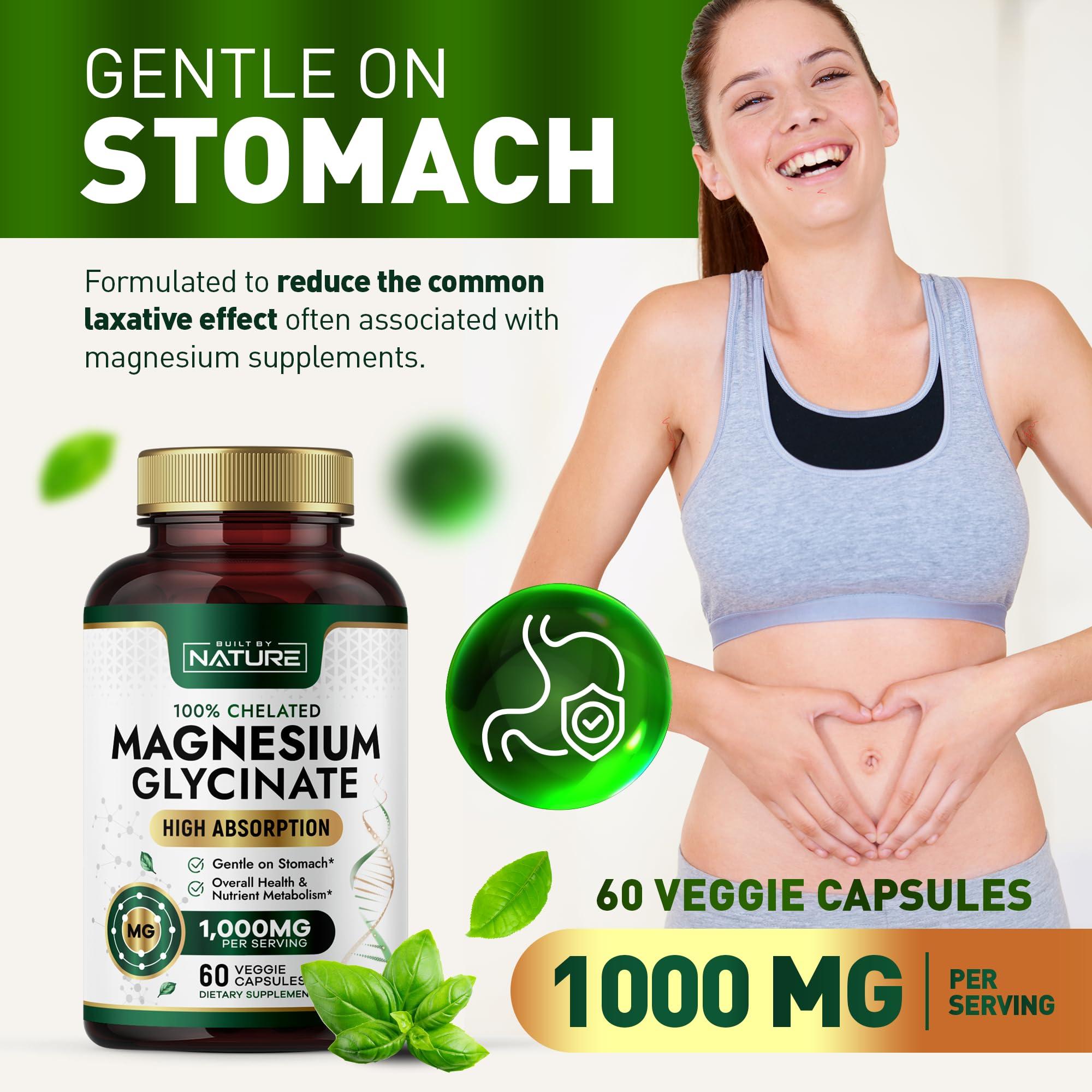 Built By Nature Magnesium Glycinate 1000mg – High Absorption Magnesium Supplement – 100% Chelated, Gentle on Stomach - Muscle, Heart, Bone & Relaxation Support - Non-GMO, Vegan