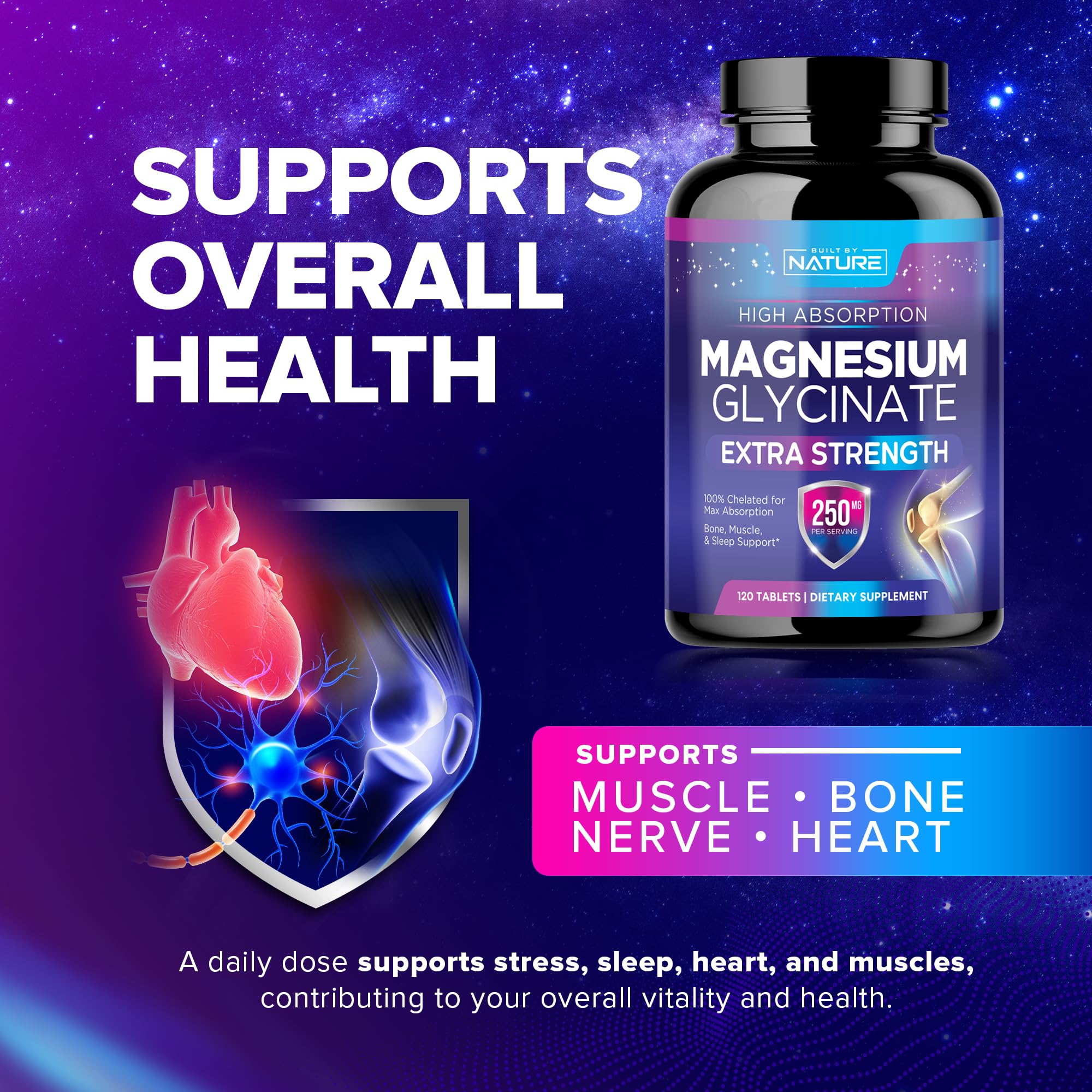 Magnesium Glycinate 250mg - High Absorption Chelated Magnesium Supplement - 100% Pure Magnesium Glycinate - Stress, Sleep, Heart, and Muscle Health Support - Non-GMO, Vegan, Gluten-Free