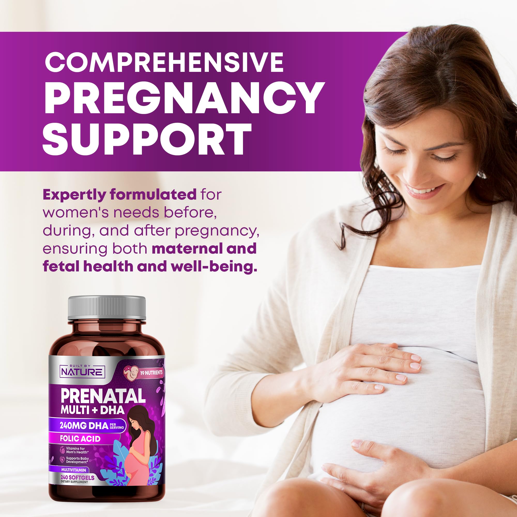 Built by Nature Prenatal Vitamins for Women - Multivitamin with DHA, Folic Acid, Vitamin C, B12, Iron & Omega-3 - Before, During & Post Pregnancy Supplement for Healthy Growth & Brain