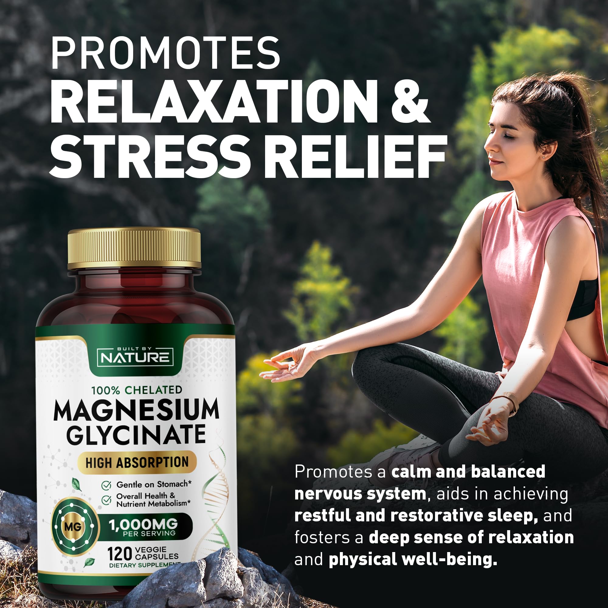 Built By Nature Magnesium Glycinate 1000mg – High Absorption Magnesium Supplement – 100% Chelated, Gentle on Stomach - Muscle, Heart, Bone & Relaxation Support - Non-GMO, Vegan