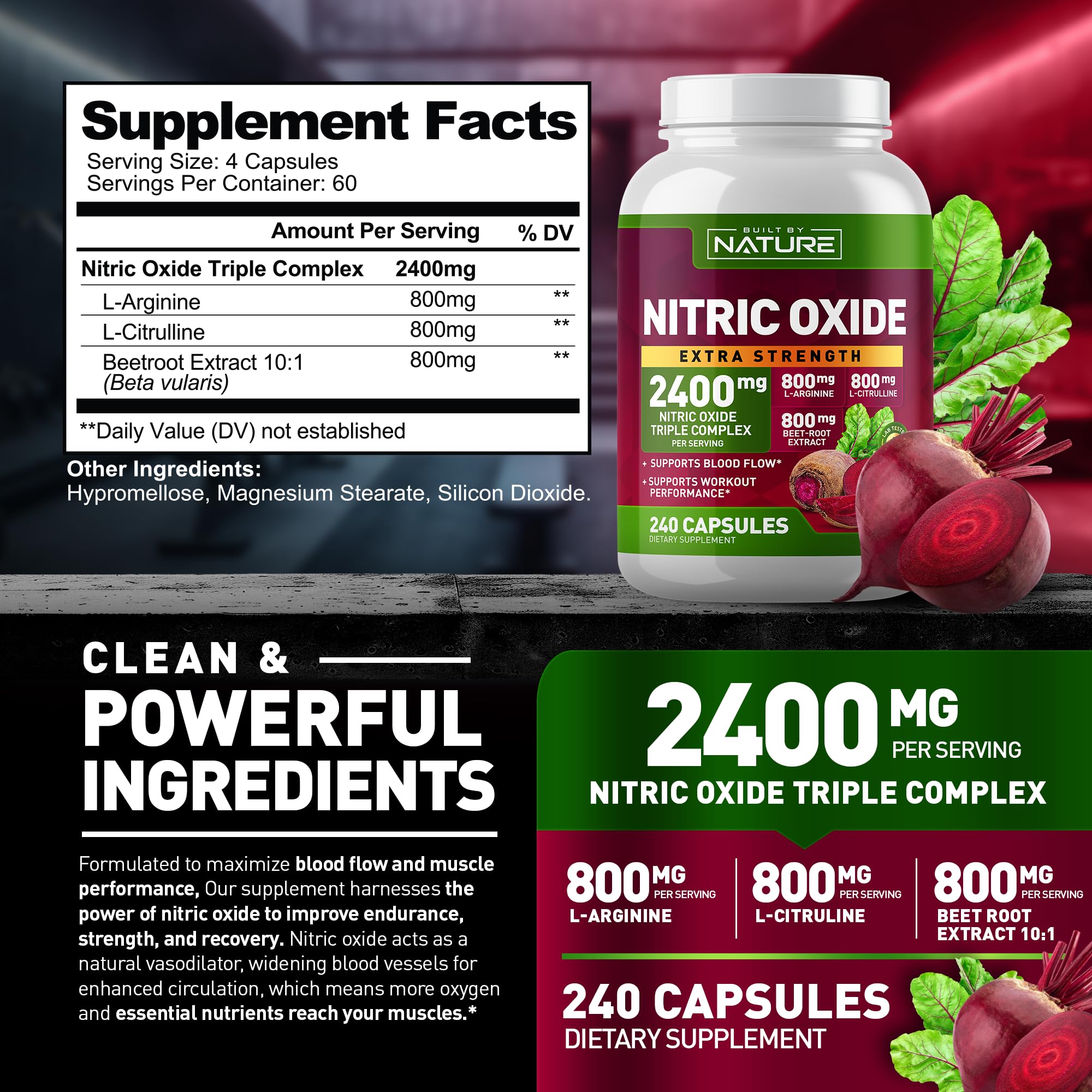 Built by Nature Nitric Oxide Supplement 2400mg with L-Arginine, L-Citrulline and Beet Root Extract, 240 Capsules