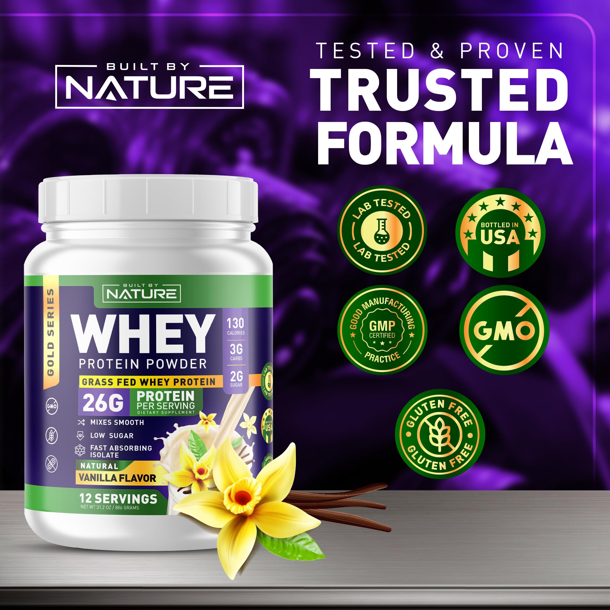 Built by Nature Whey Protein Powder - 100% Pure Whey Shake with Whey Isolate, Protein, No Bloating, Mixes Smooth, No Clumps or Chunks - High Protein, Low Sugar Drink