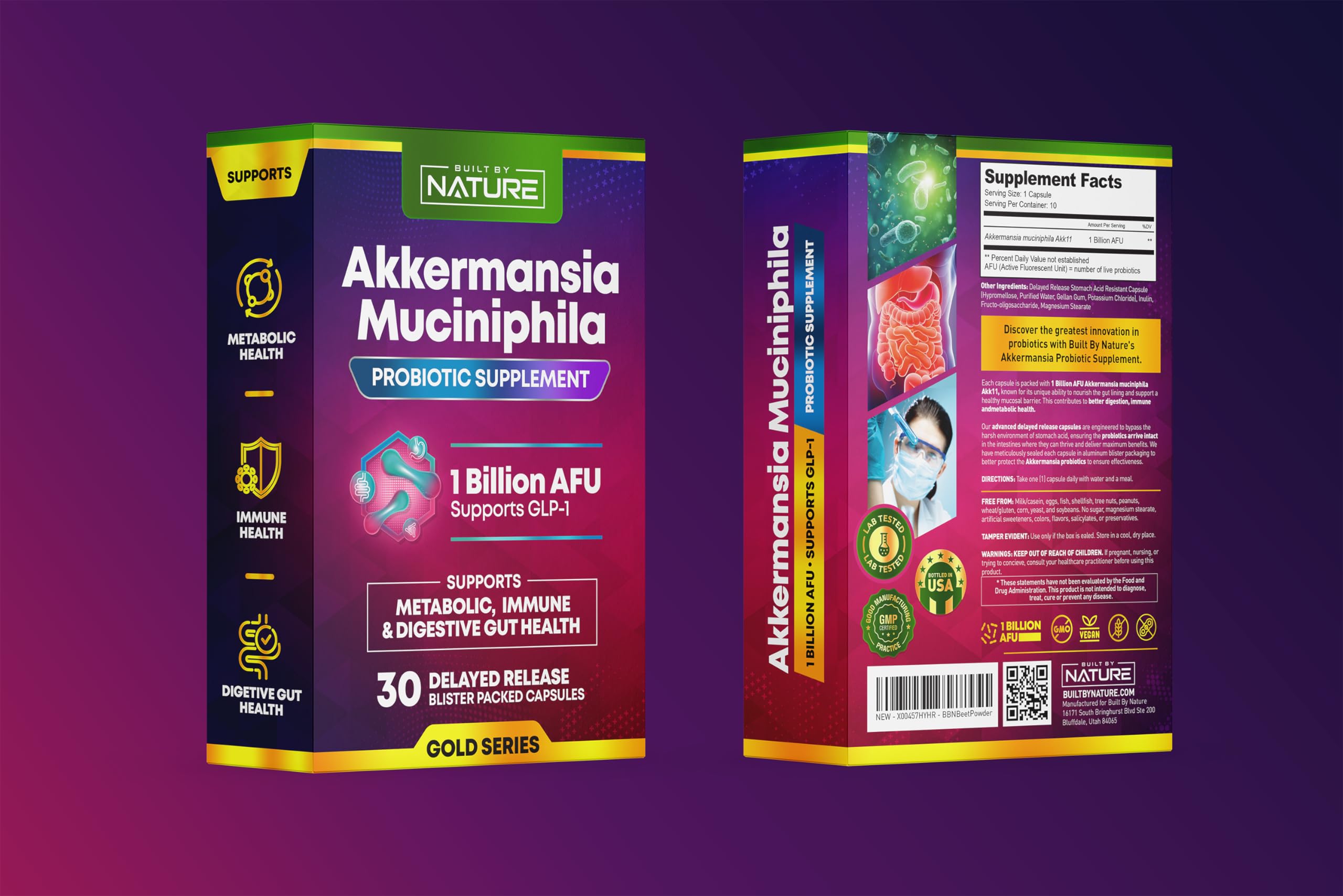 Built by Nature Akkermansia Muciniphila Probiotic Supplement – 1 Billion AFU - Supports GLP-1, Immune & Digestive Gut Health - 30 Delayed Release Blister Packed Capsules