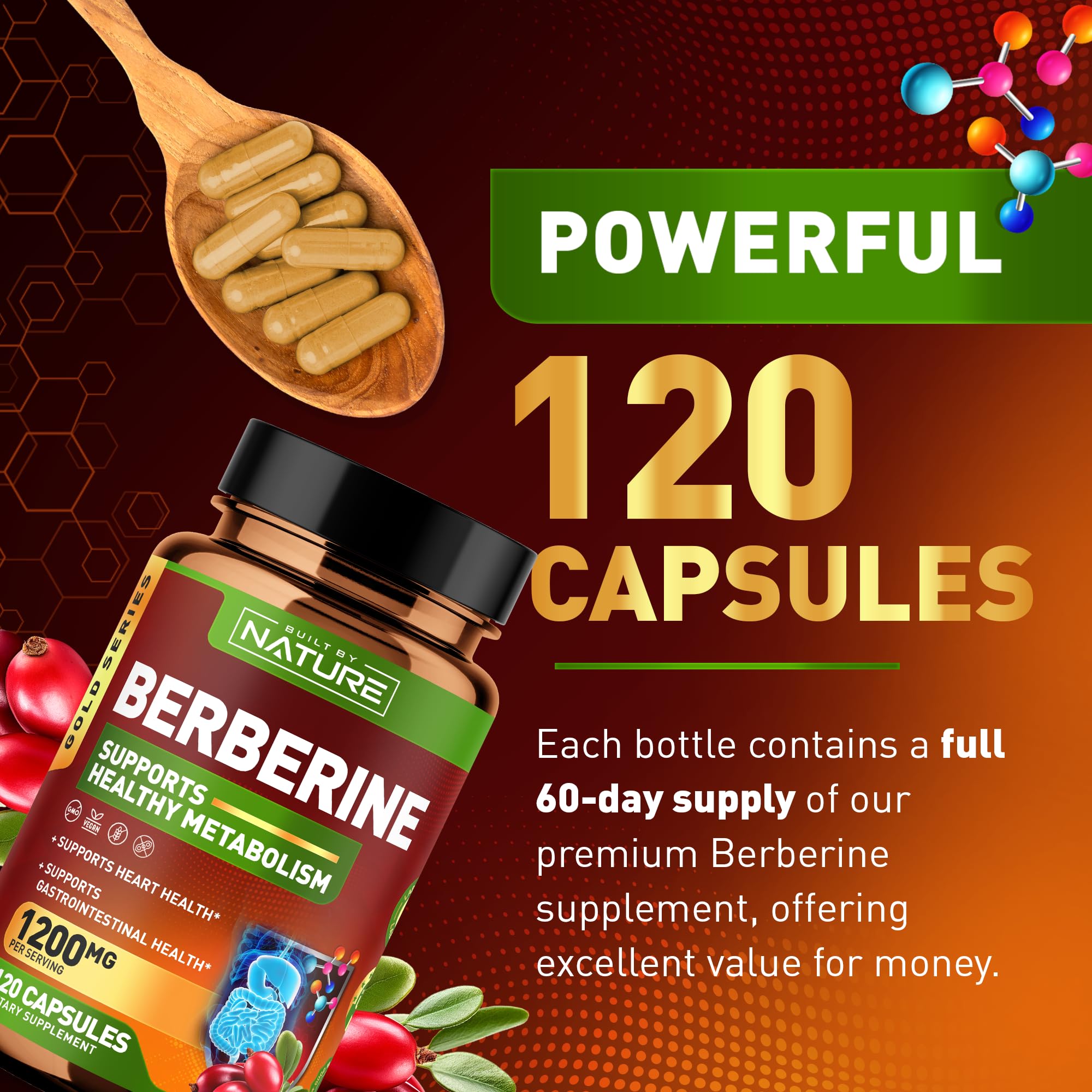 Berberine 1200mg - 100% Pure Berberine HCl Supplement, High Strength Berberine, Natural Support for Metabolic, Heart and Gastrointestinal Health, Non-GMO, Gluten Free, Vegan, 120 Veggie Capsules