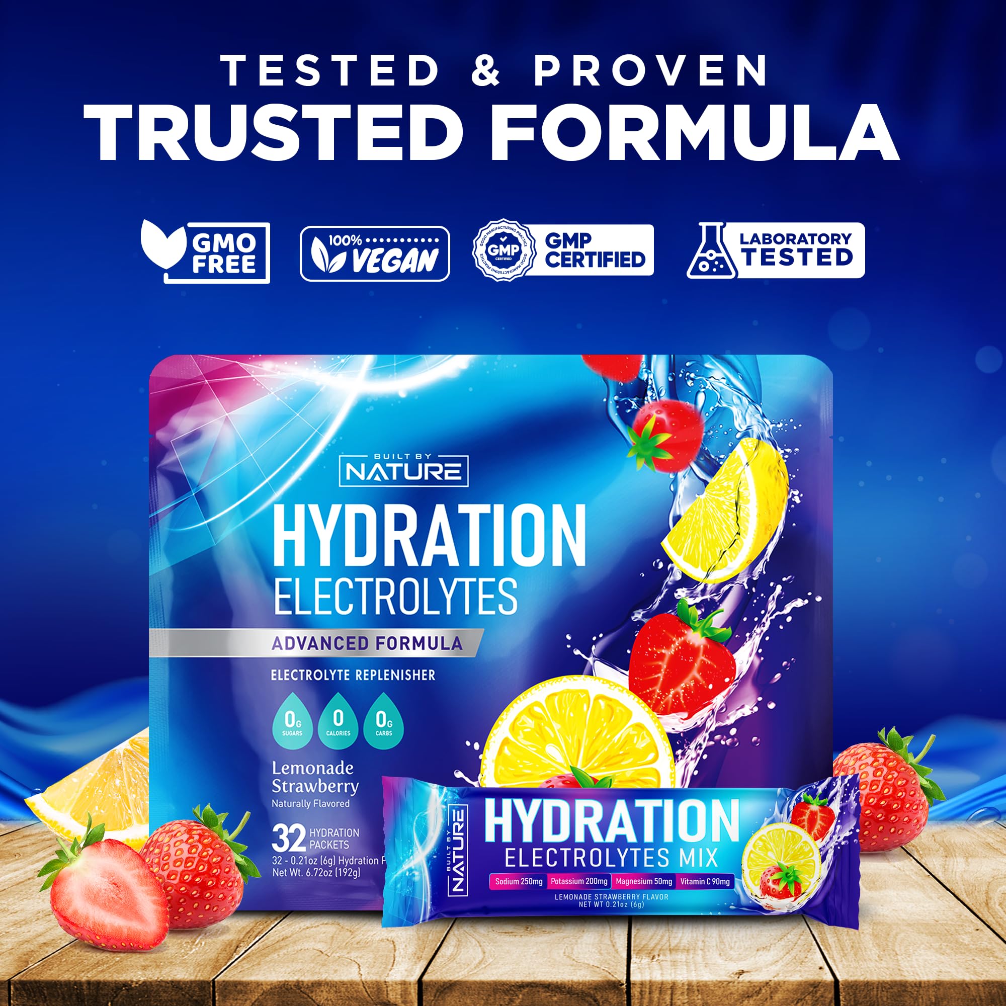 Built by Nature Electrolytes Powder Hydration Packets – Recovery Drink Mix with Sodium, Potassium, Magnesium, Calcium, Vitamin C & Zinc – Sugar Free, Keto, Non GMO & Vegan – Strawberry Lemonade