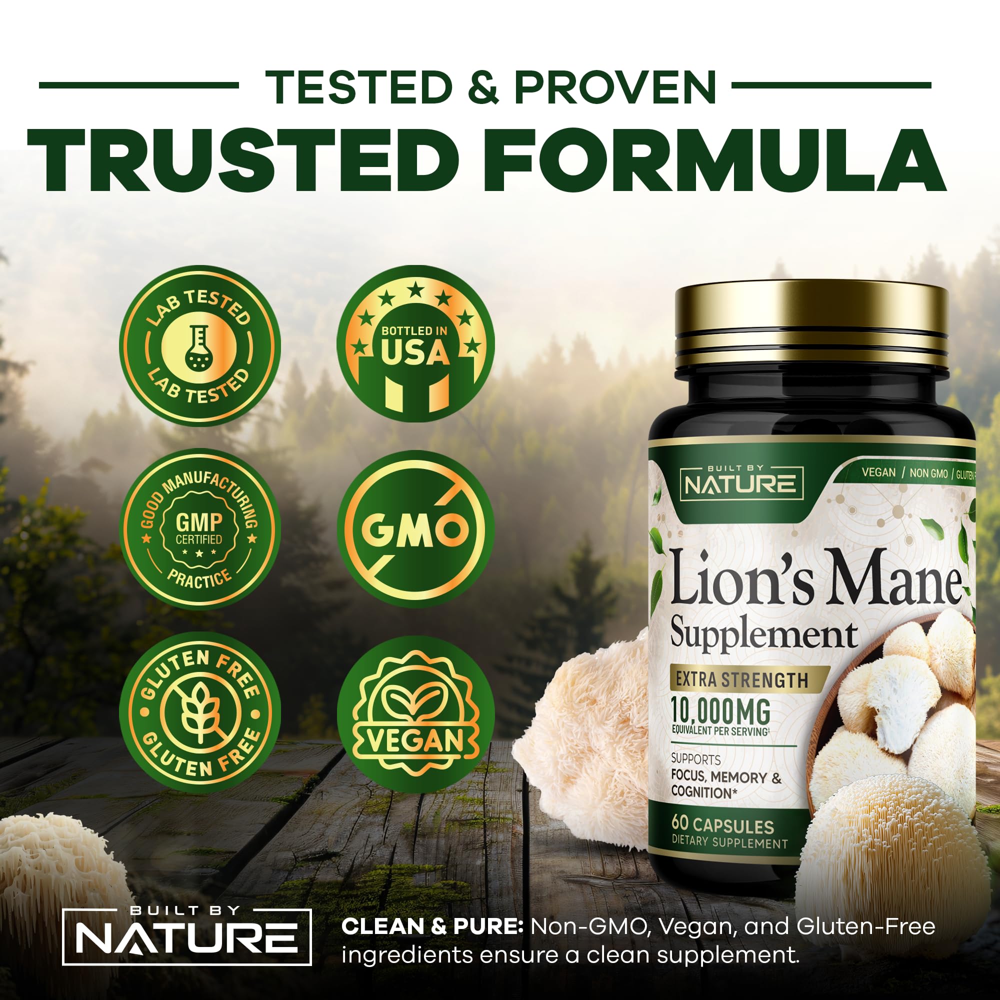 Built by Nature Lion’s Mane 10,000mg – Extra Strength Mushroom Supplement for Nootropic Brain Support – Focus, Memory and Cognitive Function – Non-GMO, Gluten-Free, Vegan - 60 Capsules