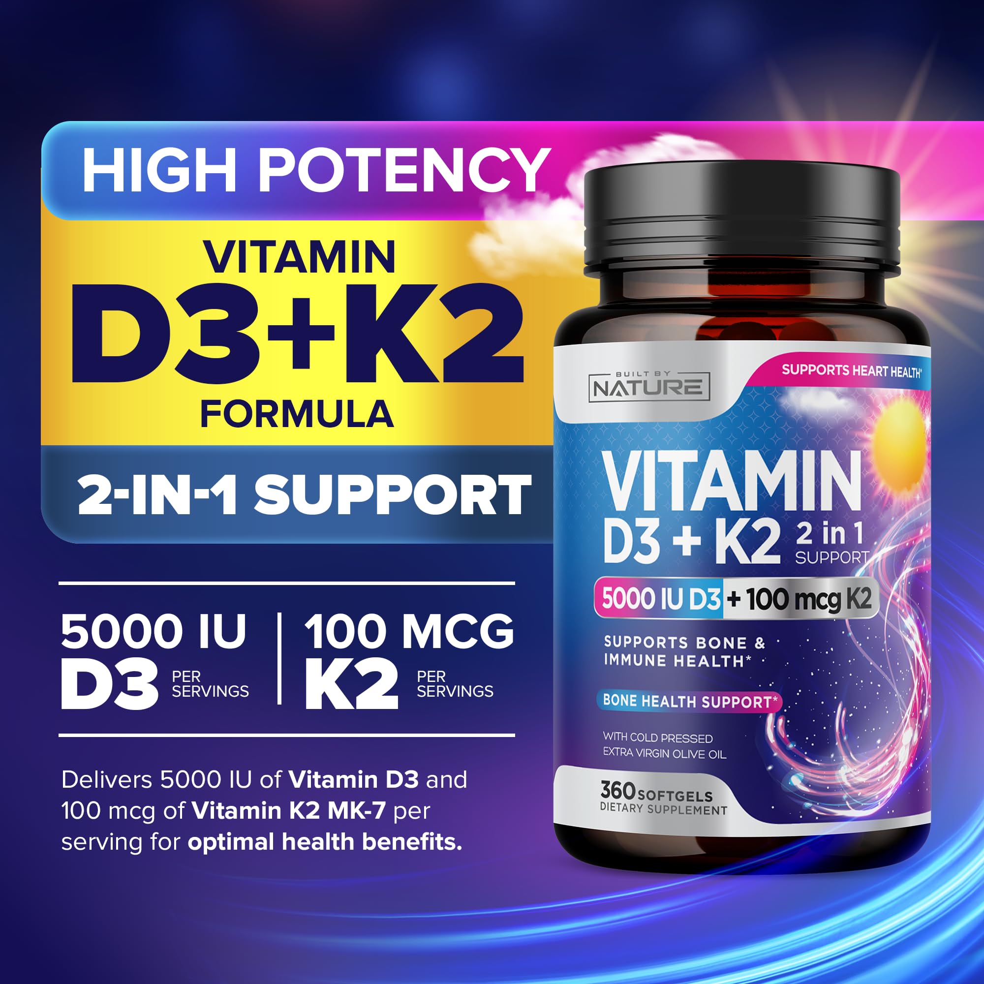 Built by Nature Vitamin D3 K2 with Cold Pressed Extra Virgin Olive Oil – 5000 IU Vitamin D, 100mcg Vitamin K MK-7 Supplement – Easy to Swallow Mini Soft Gels - 1 Year Supply - 360 Softgels