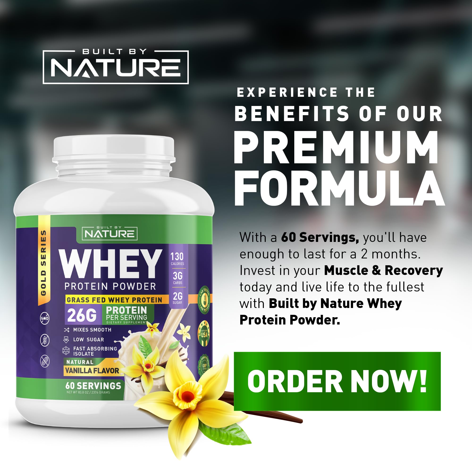 Built by Nature Whey Protein Powder - 100% Pure Whey Shake with Whey Isolate, Protein, No Bloating, Mixes Smooth, No Clumps or Chunks - High Protein, Low Sugar Drink