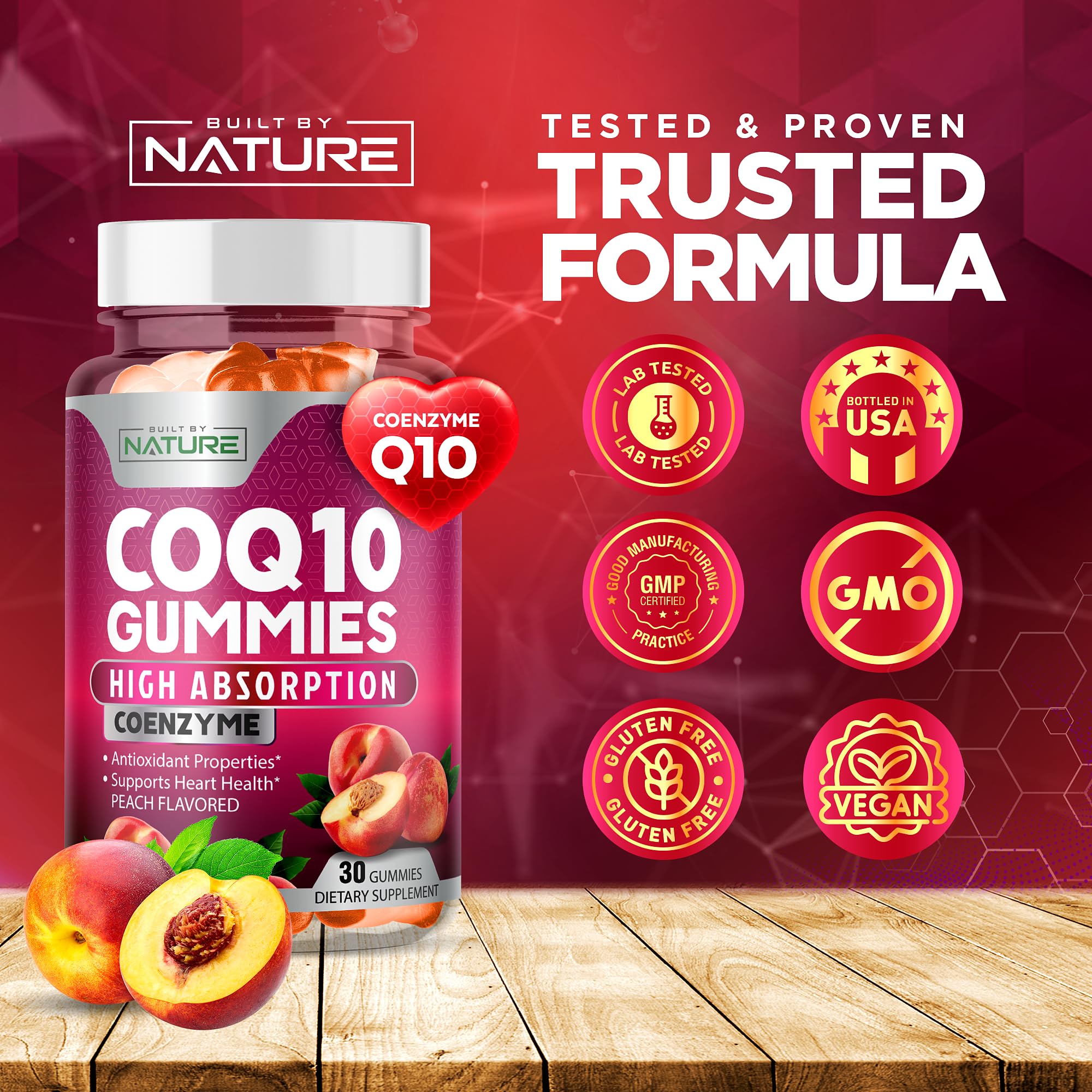 Built by Nature CoQ10 Gummies 100 mg – High Absorption Coenzyme Q10 Gummy – Vegan, Non-GMO – Heart Health & Cellular Energy Support – Tasty Peach Flavor - 30 Gummies