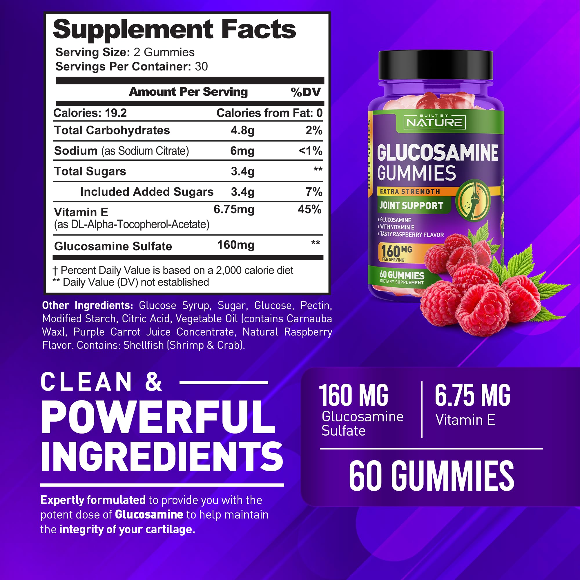 Glucosamine Gummies with Vitamin E - Advanced Joint Support Gummy Supplement, High Potency Antioxidant & Inflammatory Response, Comfort for Back, Knees, Hands, Non GMO, 60 Extended Delivery Gummies