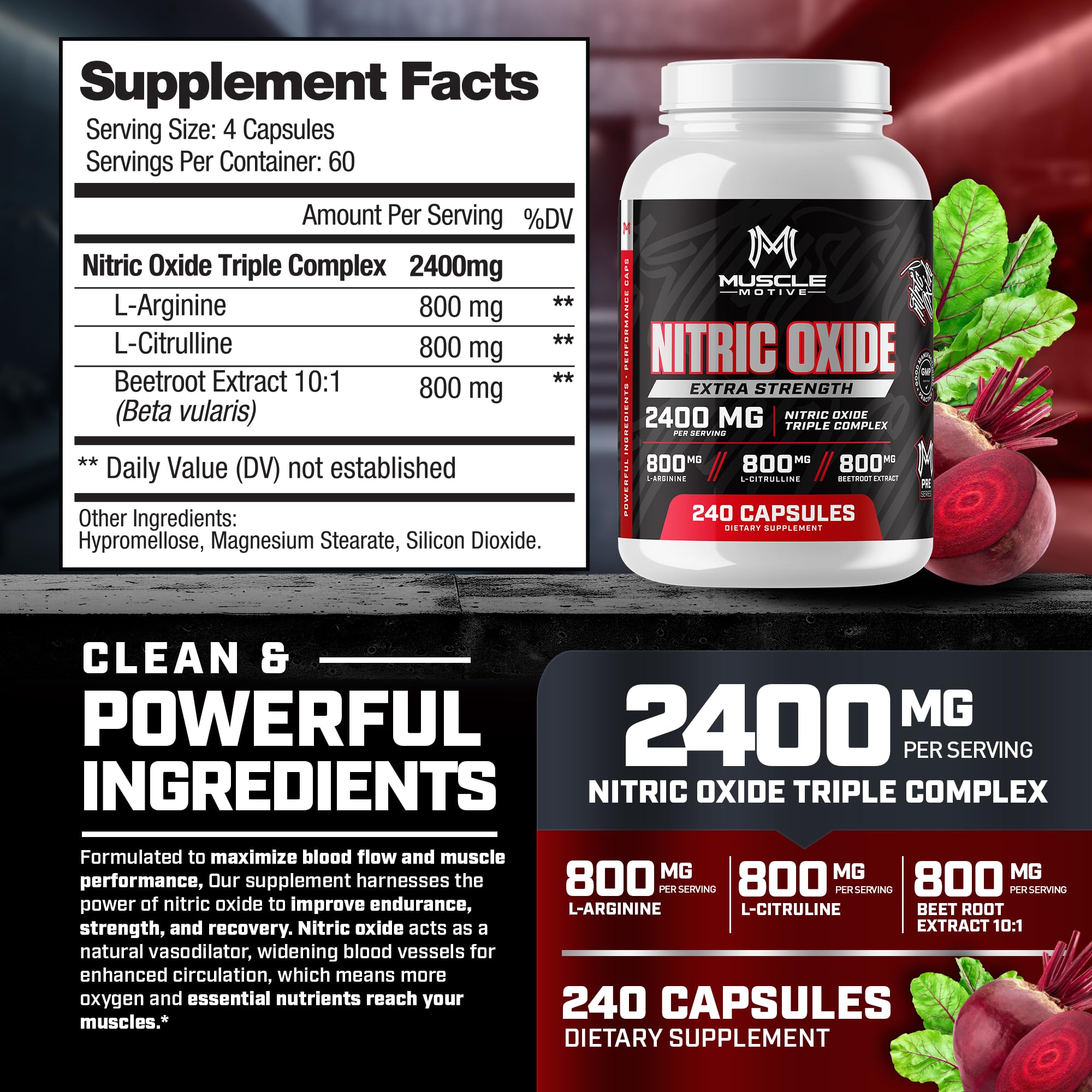 Muscle Motive Nitric Oxide Supplement 2400mg with L-Arginine, L-Citrulline and Beet Root Extract, 240 Capsules