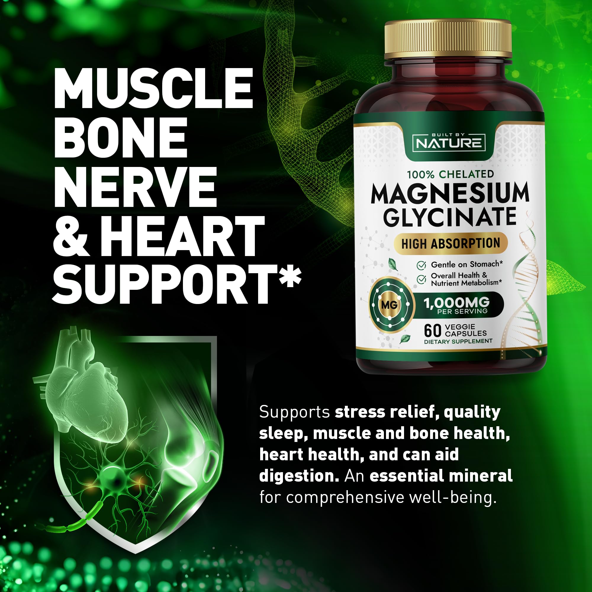 Built By Nature Magnesium Glycinate 1000mg – High Absorption Magnesium Supplement – 100% Chelated, Gentle on Stomach - Muscle, Heart, Bone & Relaxation Support - Non-GMO, Vegan