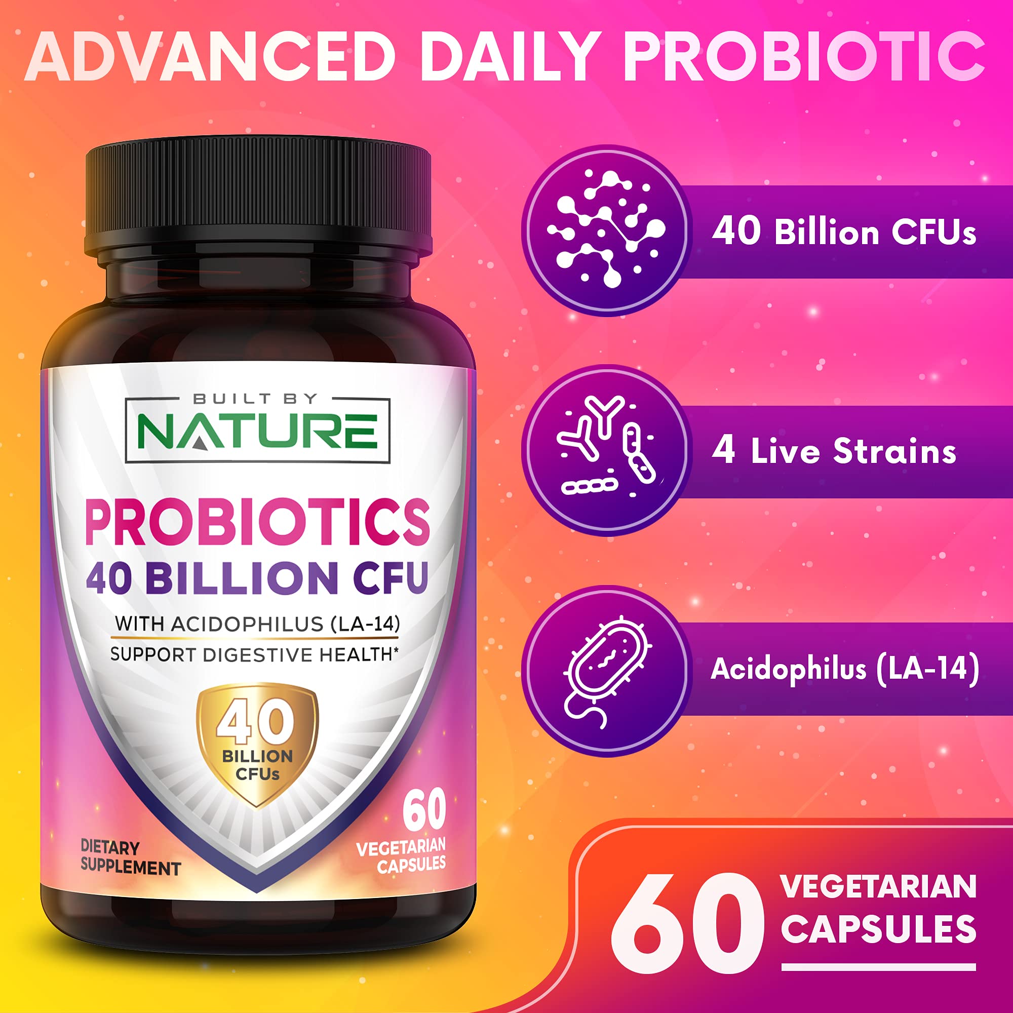 Probiotics 40 Billion CFU - 4 Diverse Strains + Prebiotic - Digestive & Gut Health - Supports Occasional Constipation, Diarrhea, Gas & Bloating - Probiotics For Women & Men - 60 Capsule