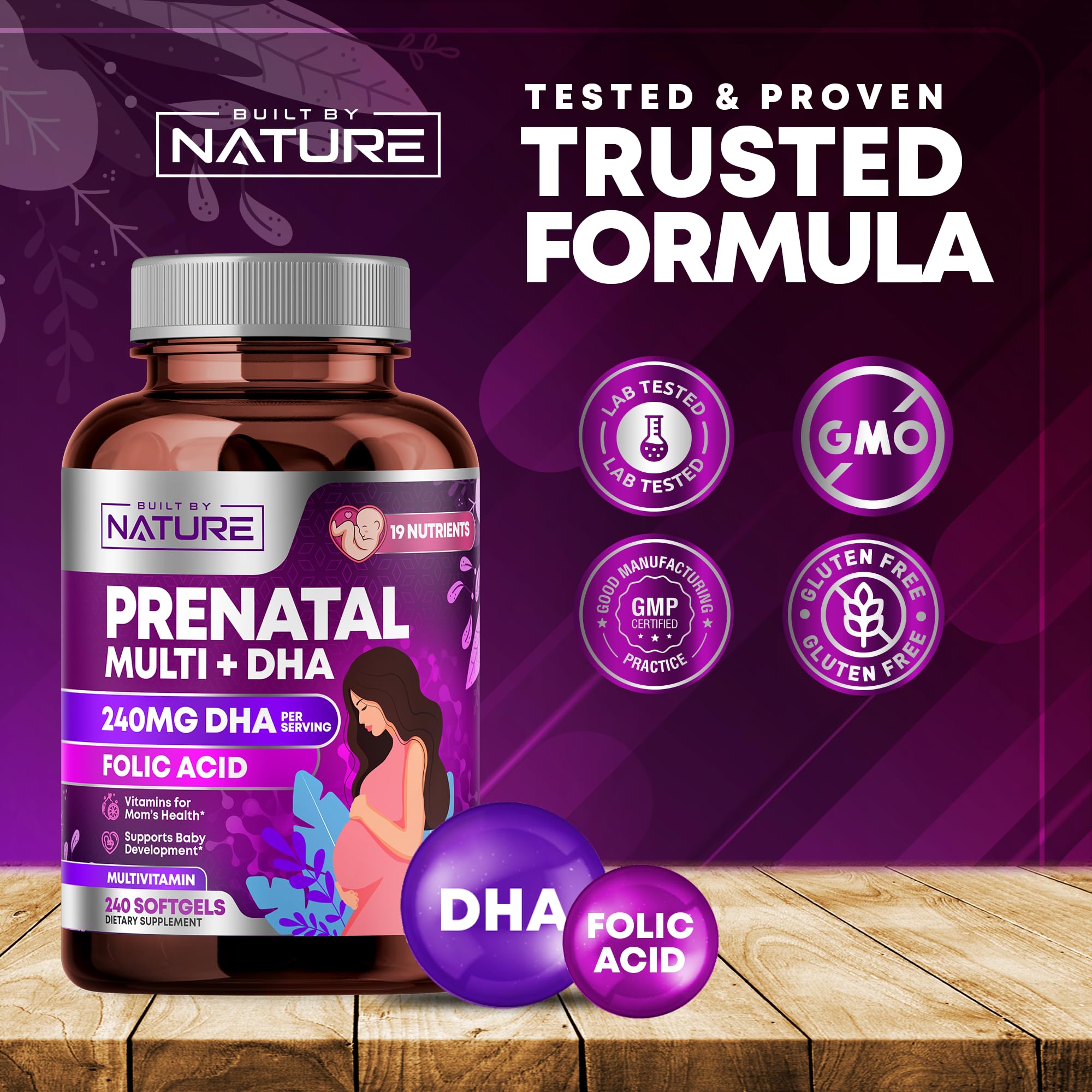 Built by Nature Prenatal Vitamins for Women - Multivitamin with DHA, Folic Acid, Vitamin C, B12, Iron & Omega-3 - Before, During & Post Pregnancy Supplement for Healthy Growth & Brain