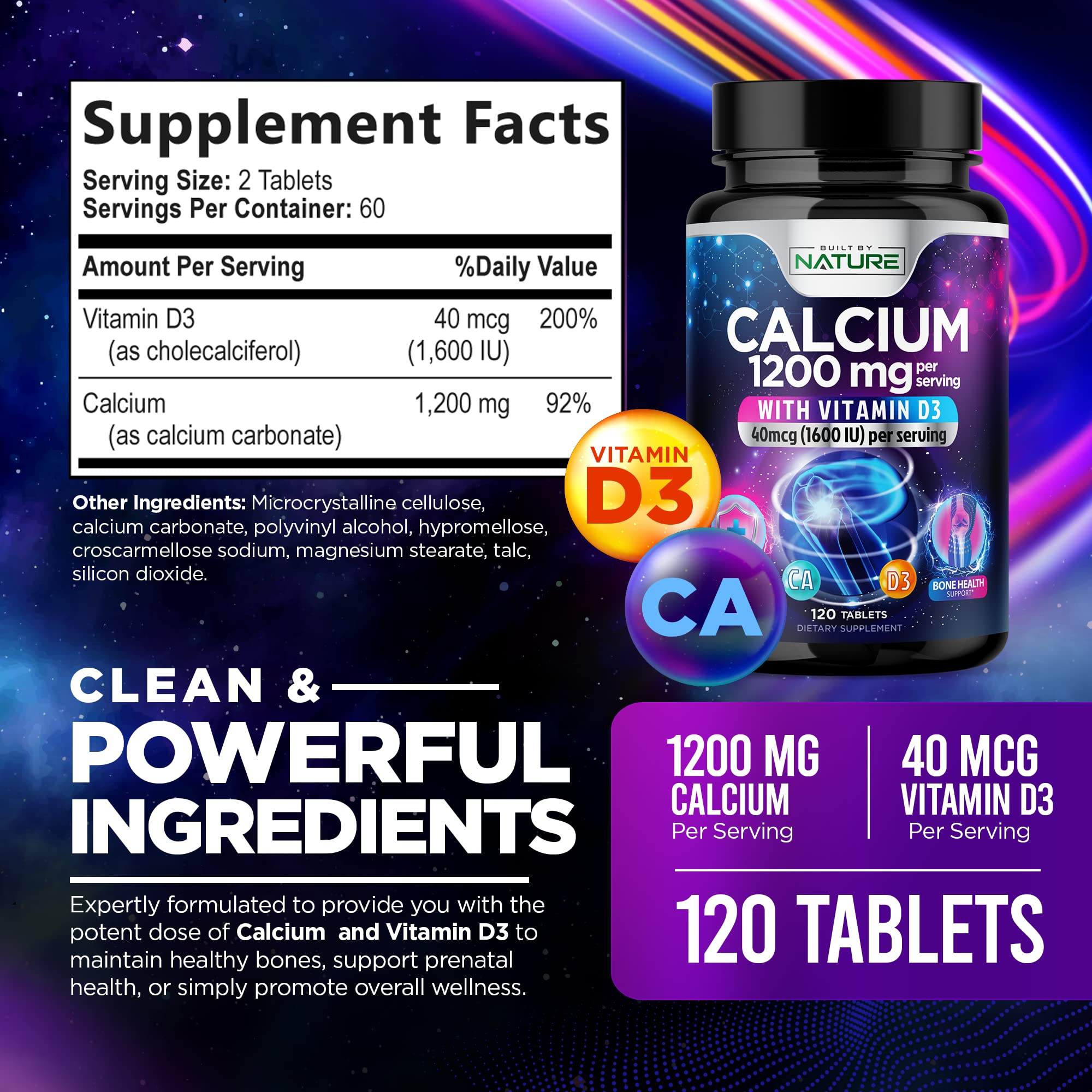 Calcium 1200mg with Vitamin D3 for Best Absorption - Advanced Bone Support Supplement, 1200 mg Calcium Carbonate & 1600 IU Vitamin D3